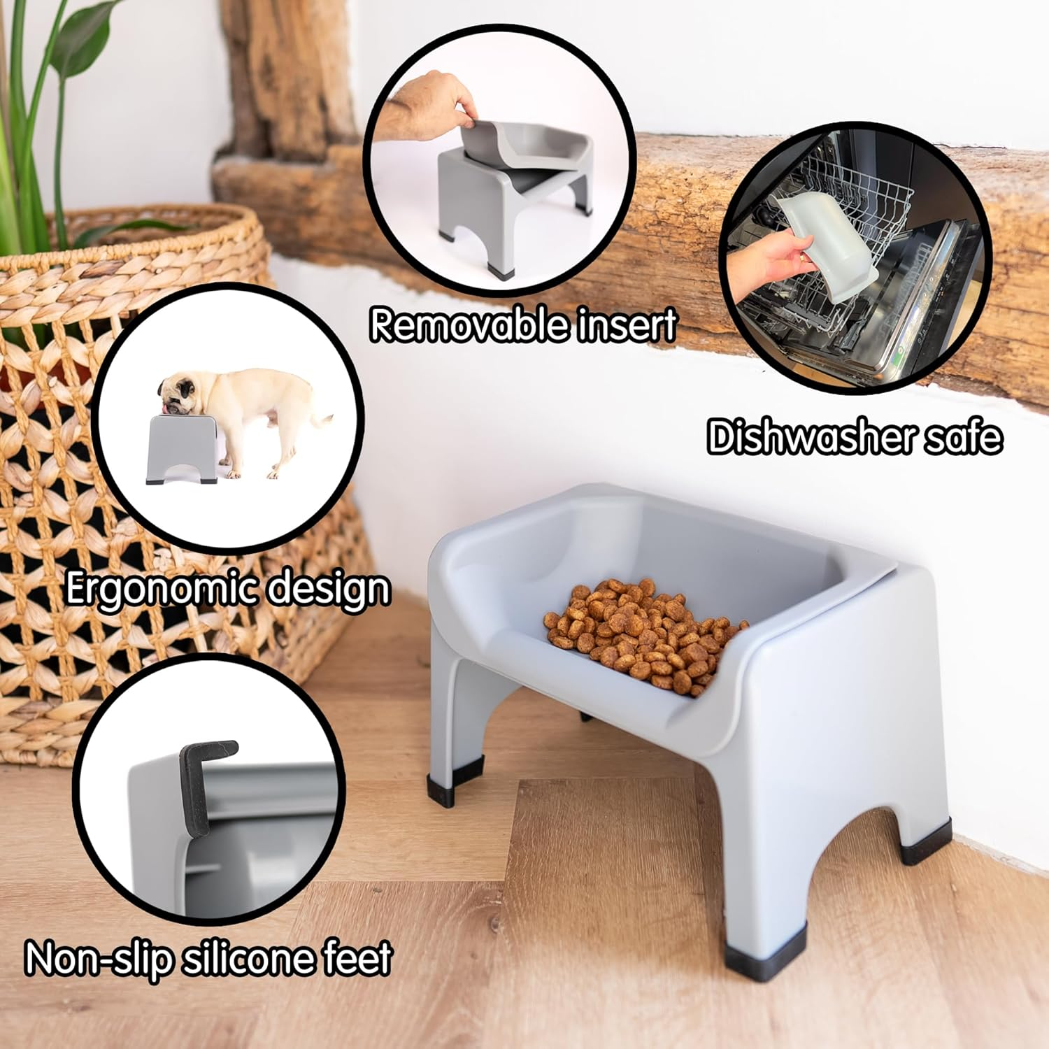 Fluff Trough Elevated Dog and Cat Bowl Feeding System with Silicone Bowl for Small to Medium Pets - Vet Approved, Food Safe, Non-Toxic, Dishwasher Safe, Perfect for Flat-Faced Pets, Gray image number 3
