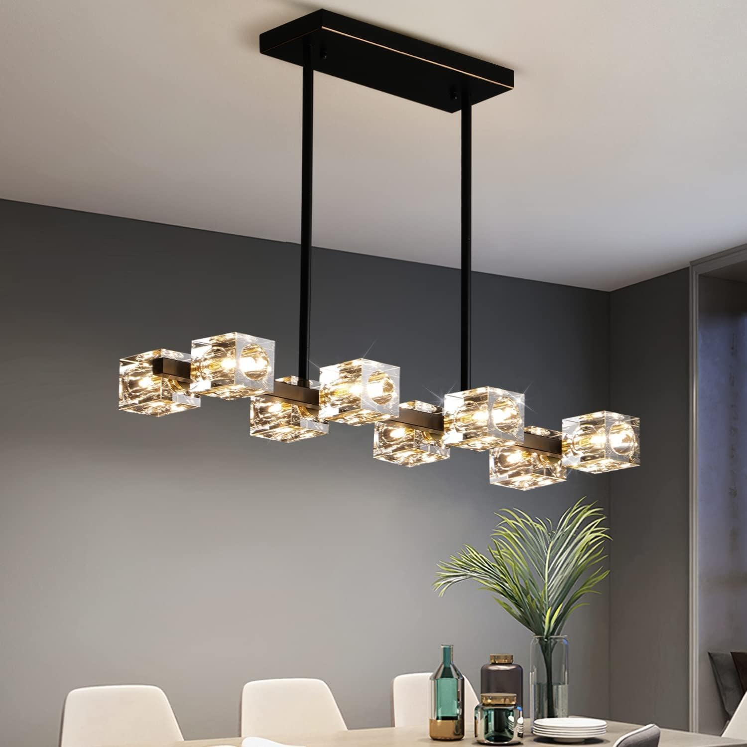 Modern Crystal Pendant Light, Black and Gold Linear Chandelier,8-Light Kitchen Light over Island,Dining Room Handing Ceiling Light Fixture for Living Room image number 1