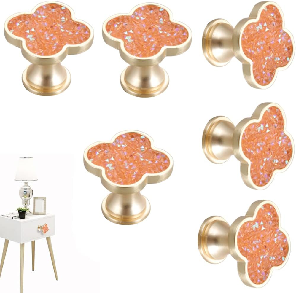 CPELLESSE 6 Pcs Clover Knobs Four-Leaf Handle Creative Cabinet Drawer Pulls Gold for Dresser Wardrobe Zinc Alloy Single Hole Door Handle(White) image number 2