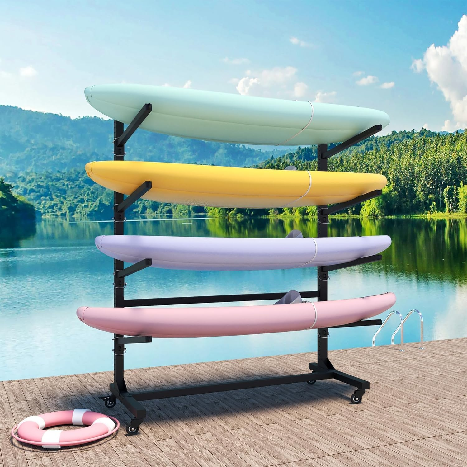 Kayak Storage Rack, Heavy Duty Kayak Stand Canoe Rack with Wheels, Freestanding Kayak Holder Stand for Kayaks, Canoes, Surfboard, Paddleboard Storage (4 Tier) image number 2