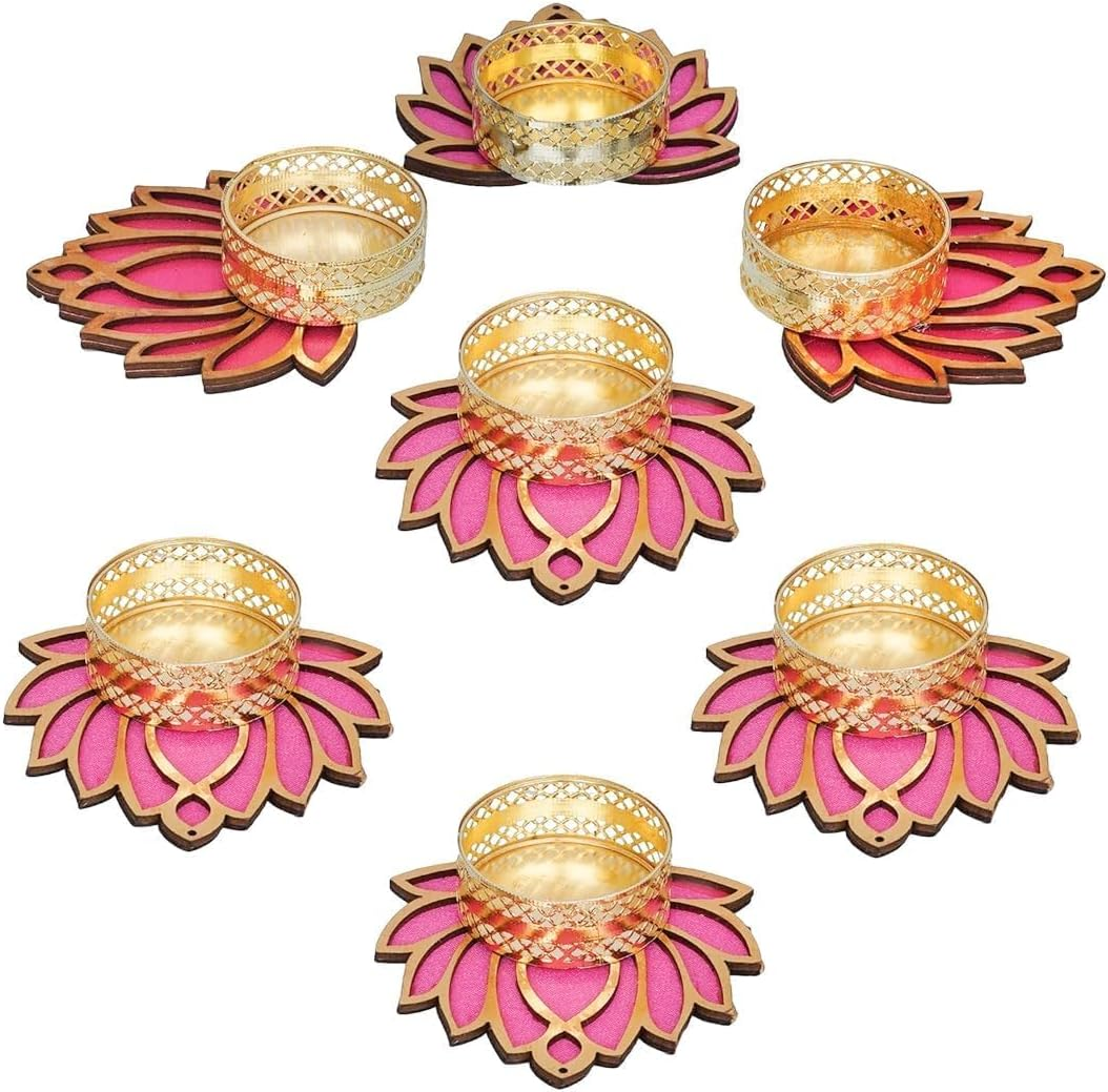 Tied Ribbons Lotus Tealight Candle Holder | Set of 7 | Tealight Holder for Diwali Decoration, Indian Decorations Home, Tealight Diya for Diwali, Pooja, Mandir, Temple, Ganesh Chaturthi Decoration image number 2