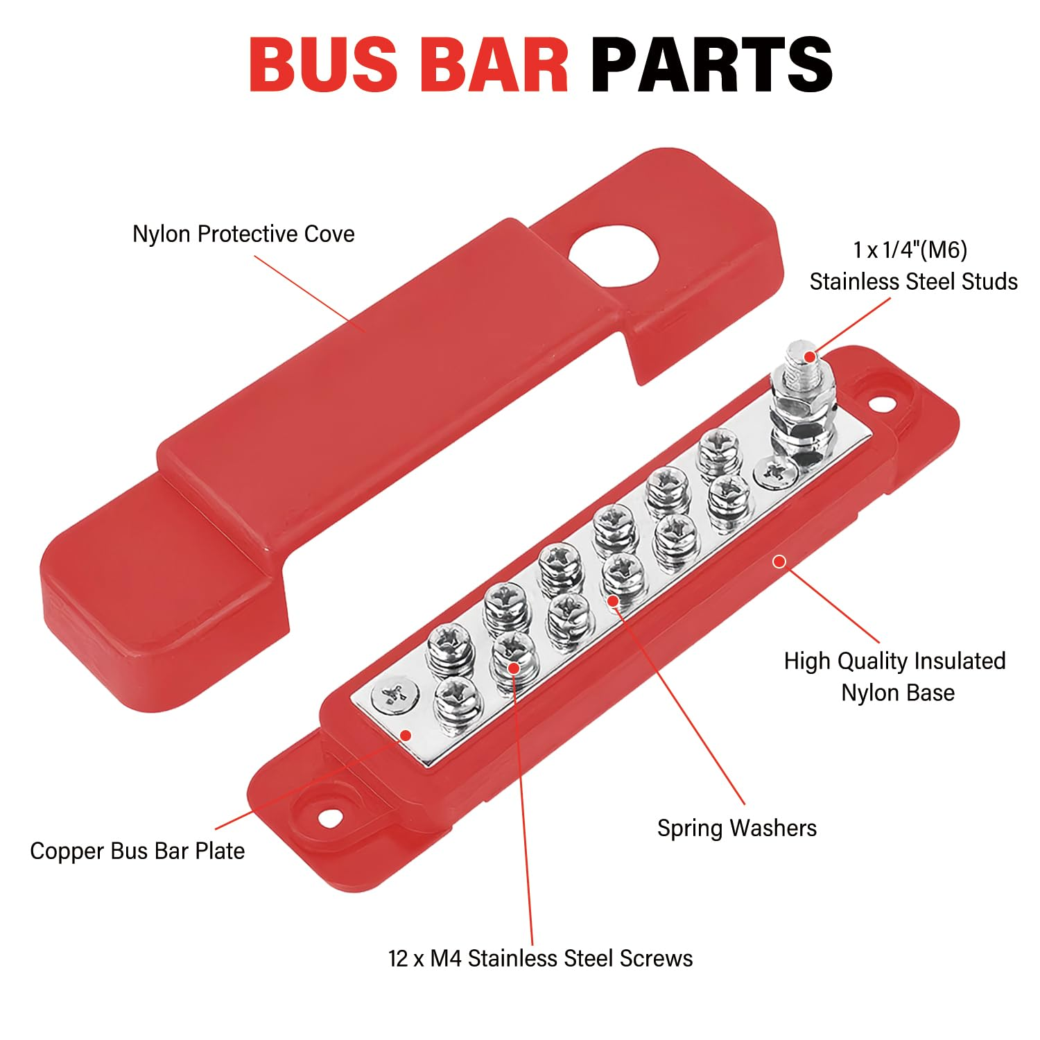 12V 150A Power Distribution Block, 1/4" Stud Marine Bus Bar with 34Pcs Terminal & 2Pcs Protective Cases, Battery Terminal Block for Boat Automotive Solar Wiring (Black+Red) image number 5
