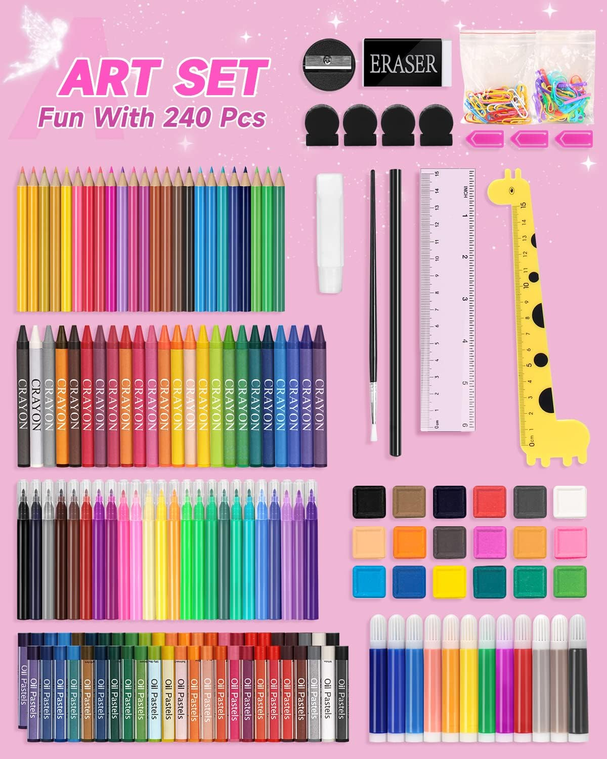 240 Pcs Art Set, Art Kit Drawing Kit for Kids Girls Boys,Double Sided Trifold Easel, Oil Pastels, Colored Pencils, Sketch Pencils, Watercolor Cake, Etc, Art Supplies Kids Teens Adults Artists image number 1