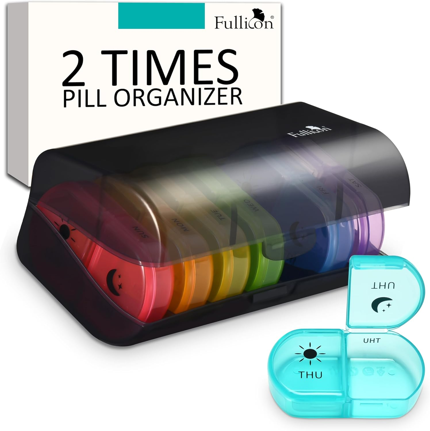 Fullicon Large Pill Organiser 2 Times a Day, Easy to Use Weekly Daily Pill Box, Secure AM PM Medicine Organiser, Durable Pill Container Case, Portable Travel Tablet Organizer (Clear Rainbow)