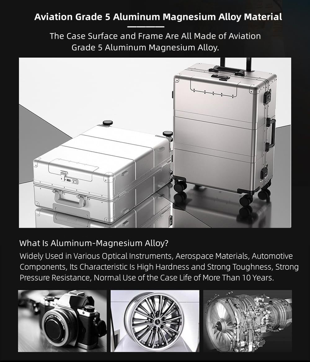 All Aluminum Magnesium Hardside Carry on Luggage with Wheels, Zipperless Hardshell Checked Luggage with Lock, Airline Approved Suitcase Metal Rolling Luggage for Travel, Business (Silver, 20 Inch)