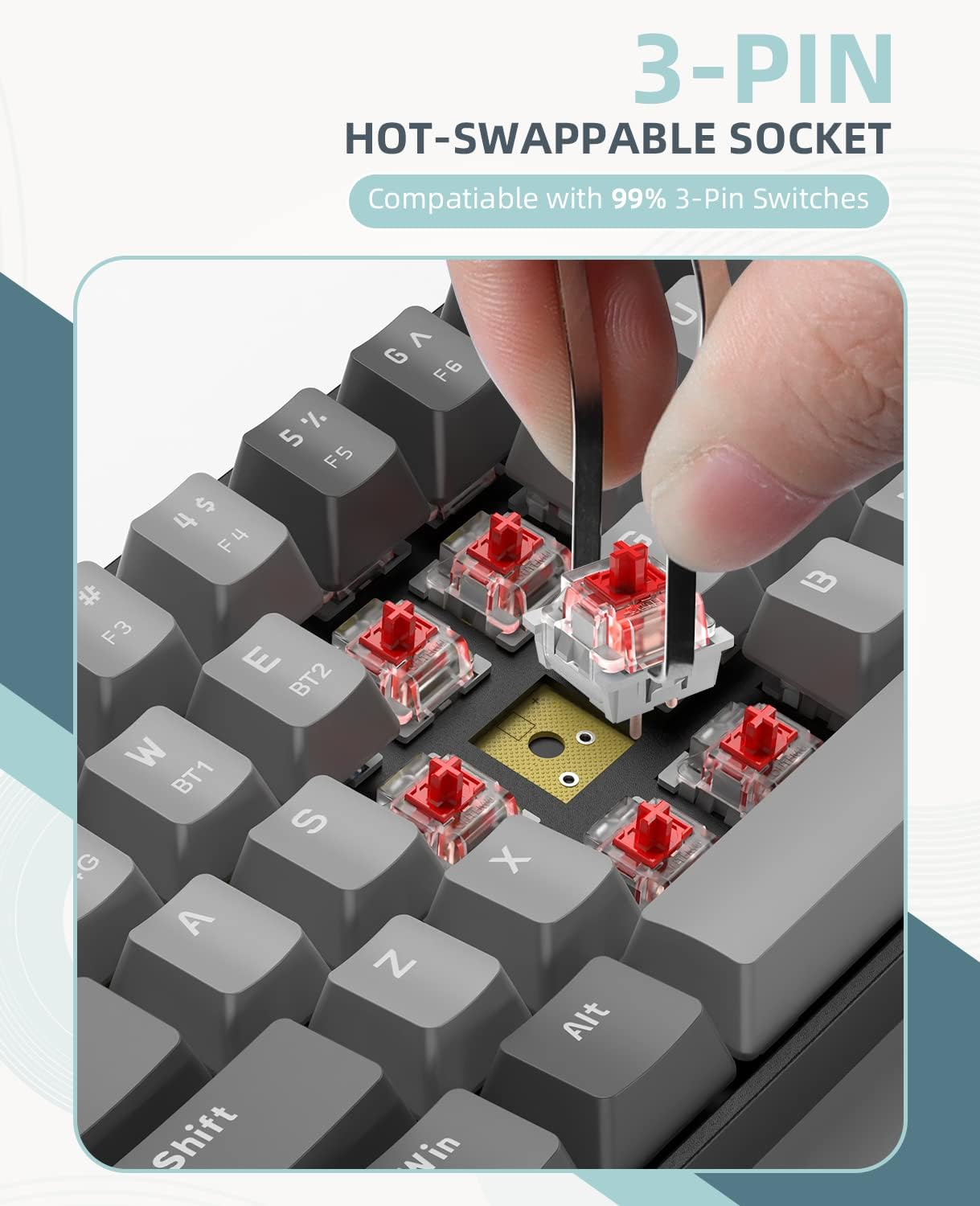 ZIYOU LANG RK68 60% Wireless Mechanical Keyboard, Bluetooth 5.0/2.4Ghz Dual Mode 2-In-1 USB-C Receiver Mini Mechanical Keyboard, Hot Swappable Red Switch Gaming Keyboard for Pc/Mac/Laptops image number 6