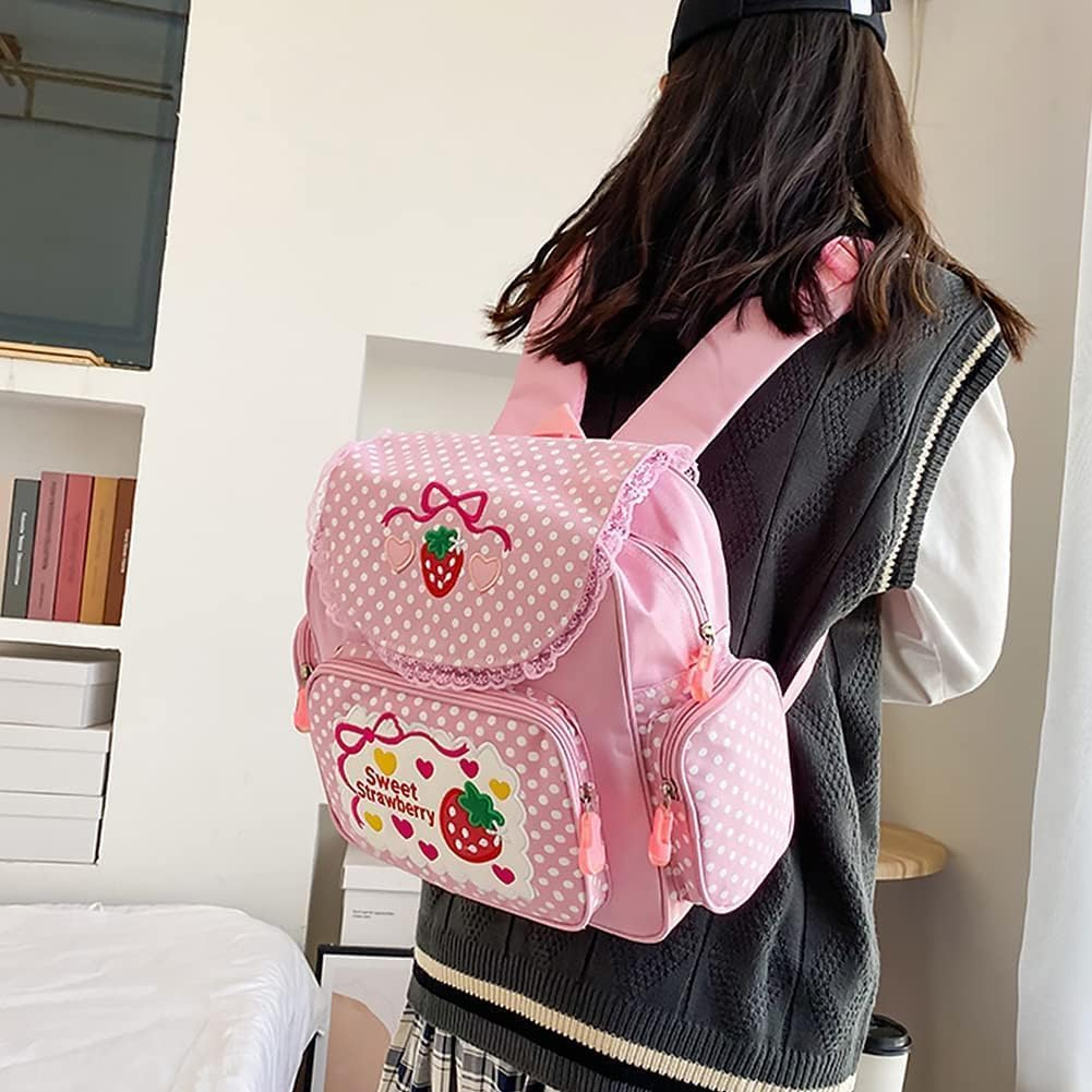 Kawaii Strawberry Embroidery Backpack for Girls Teens Students School Bag Satchel Cute Pink Lace JK Backpack, Pink, 30X37X13Cm, Kawaii Strawberry Embroidery image number 5