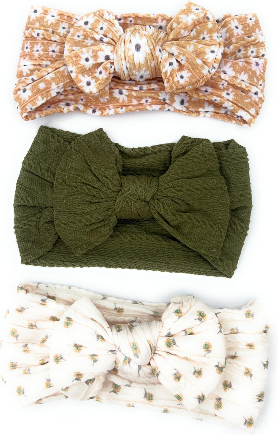 Baby Headbands Hairbands Hair Bow Elastics Handmade Hair Accessories for Baby Girls Newborn Infant Toddlers Kids. Comes in a 3-Pack, 4-Pack with Adorable Designs. Perfect for Everyday Wear, Birthdays, or Special Occasions. Floral Light Brown, Dark Square Pattern, White, (3 Pack)