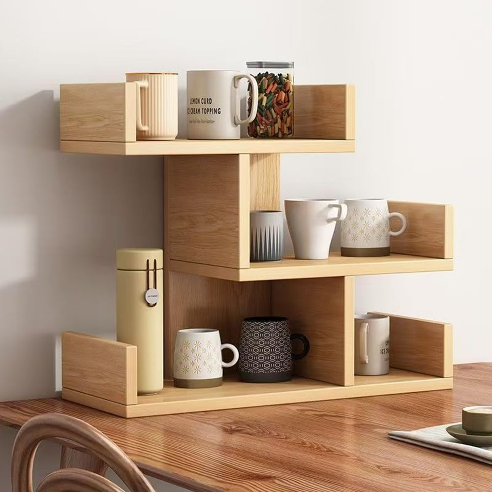 Hbluefat Desktop Storage Shelf, Small Wood Desk Bookshelf/Bookcase, Tabletop Display Rack Organisers for Books/Cds/Albums/File (Wood) - White image number 7