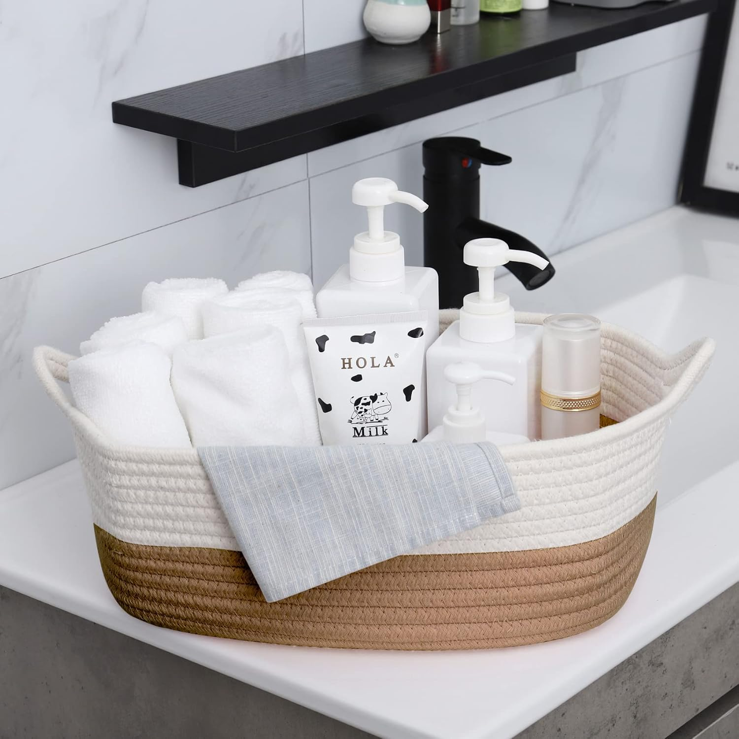 Abenkle Small Storage Basket with Handles, Cotton Rope Woven Dog Cat Toy Bin, Decorative Shelves Closet Organizing for Nursery Laundry Bedroom Bathroom, 14.2''X 11''X 5.1'' - All Pink image number 7