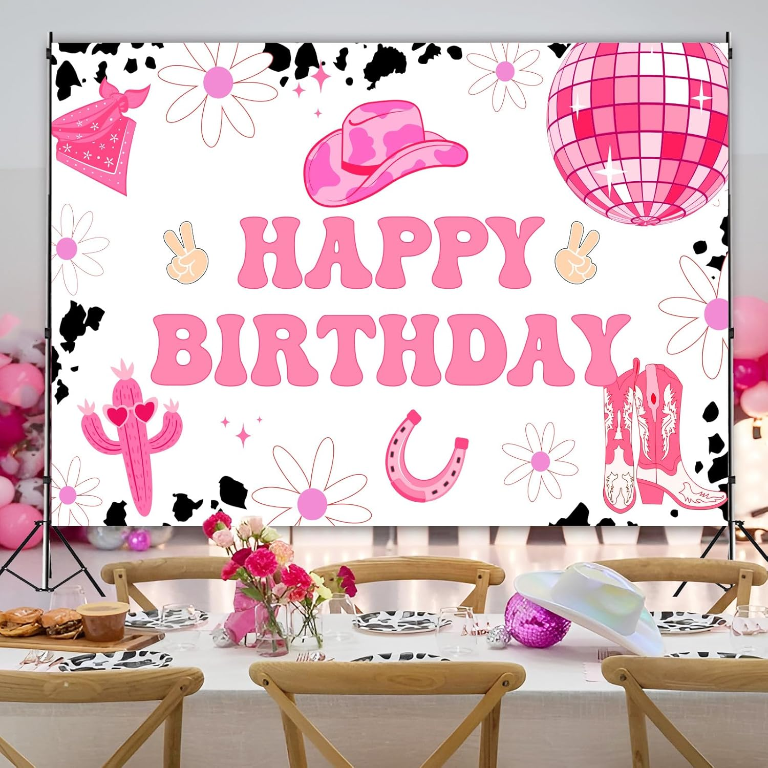 7 * 5Ft Disco Cowgirl Birthday Party Backdrop Decorations Space Cowgirl Birthday Party Decorations Last Disco Western Cowgirl Happy Birthday Backdrop with Groovy Disco Ball Decor for Girl image number 4