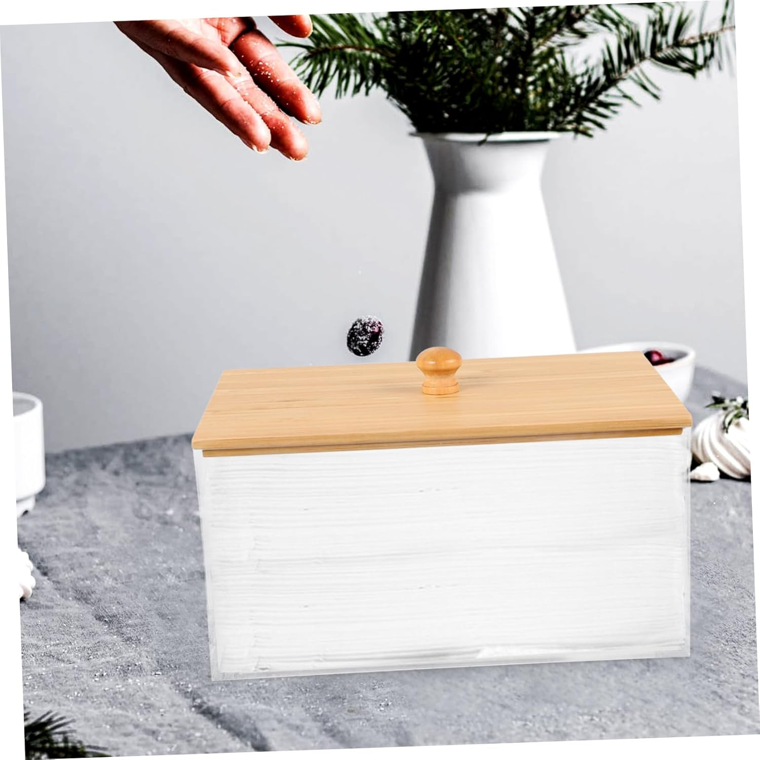 Acrylic Dryer Sheet Holder Bamboo Lid Laundry Room Storage Box for Dryer Sheets Easy to Use and Clean image number 4