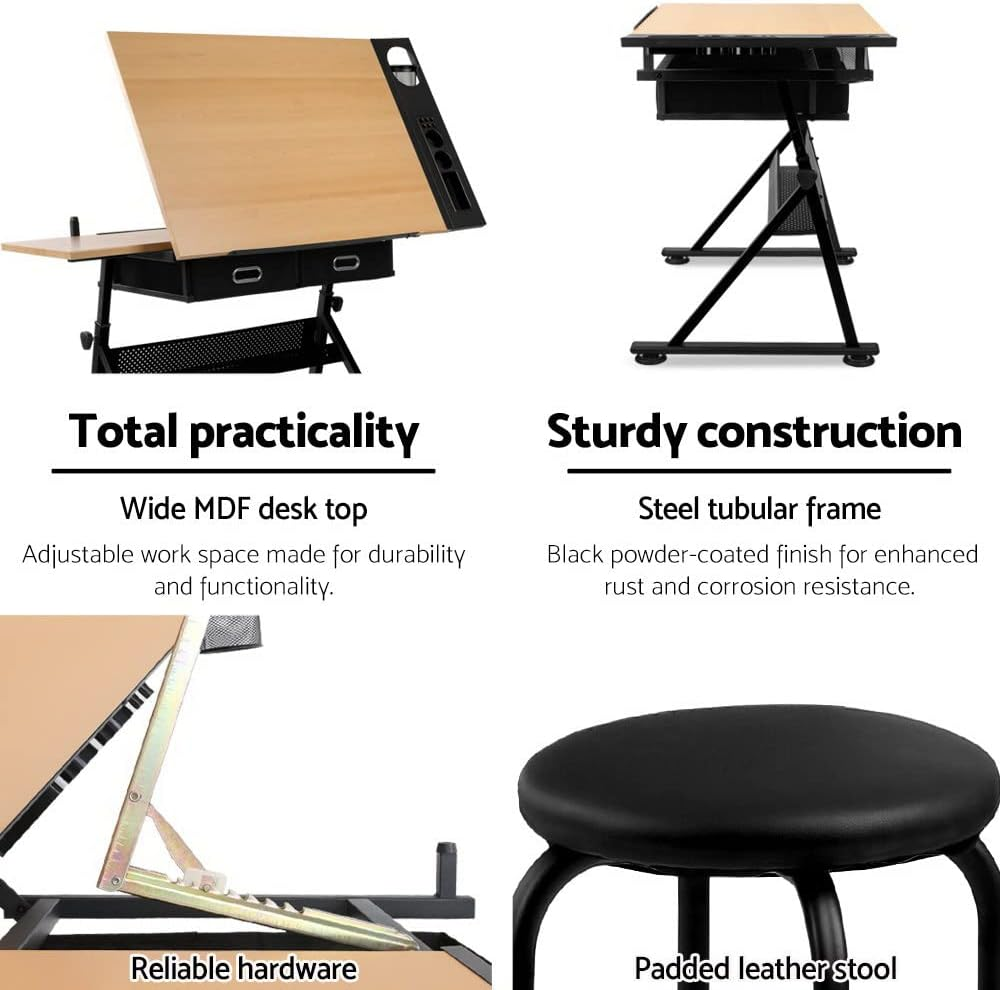 Drawing Table Stool Set Artiss Ajustable Metal Base Art & Craft Drafting Desk Table Art/Workstation with Removable Side Tray Drawers for Student Adults image number 4