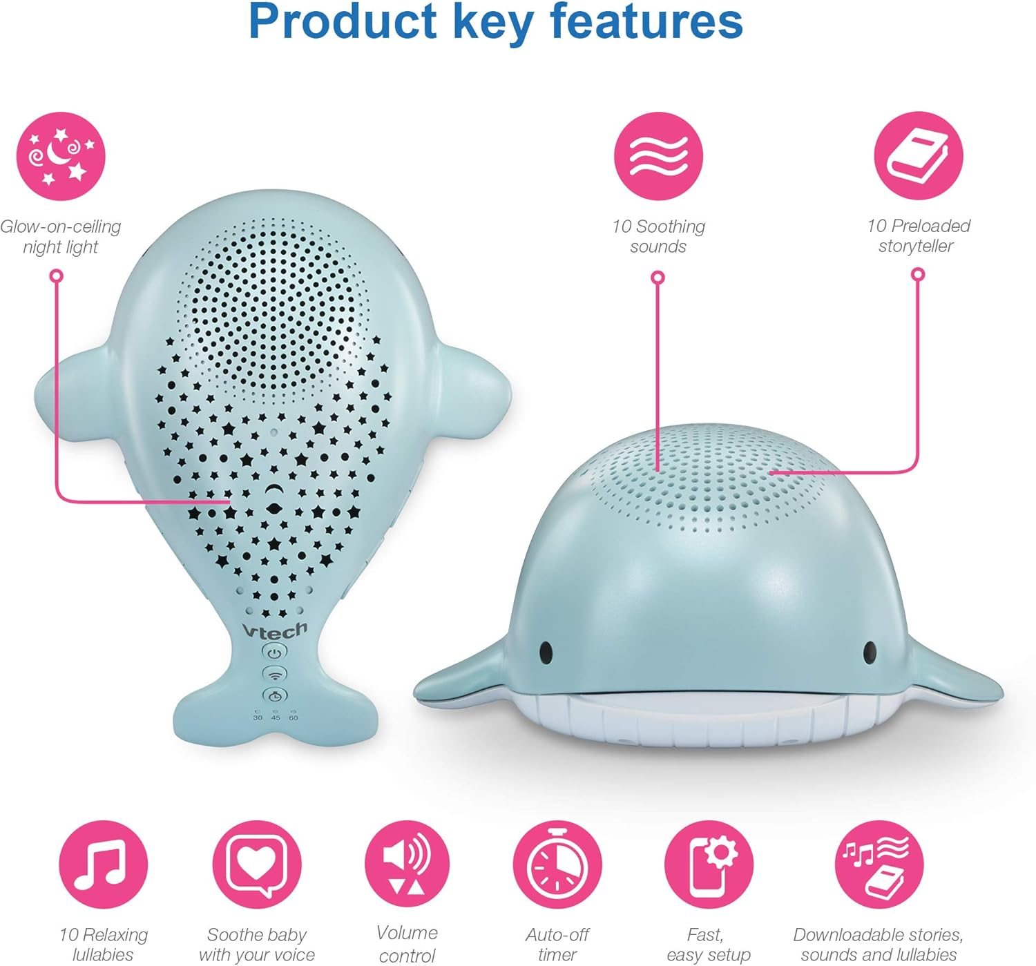 Vtech BC8312 Wyatt the Whale Storytelling Baby Sleep Soother with a White Noise Sound Machine Featuring; 10 Stories, 10 Ambient Sounds & 10 Calming Melodies with Glow-On-Ceiling Night Light image number 5