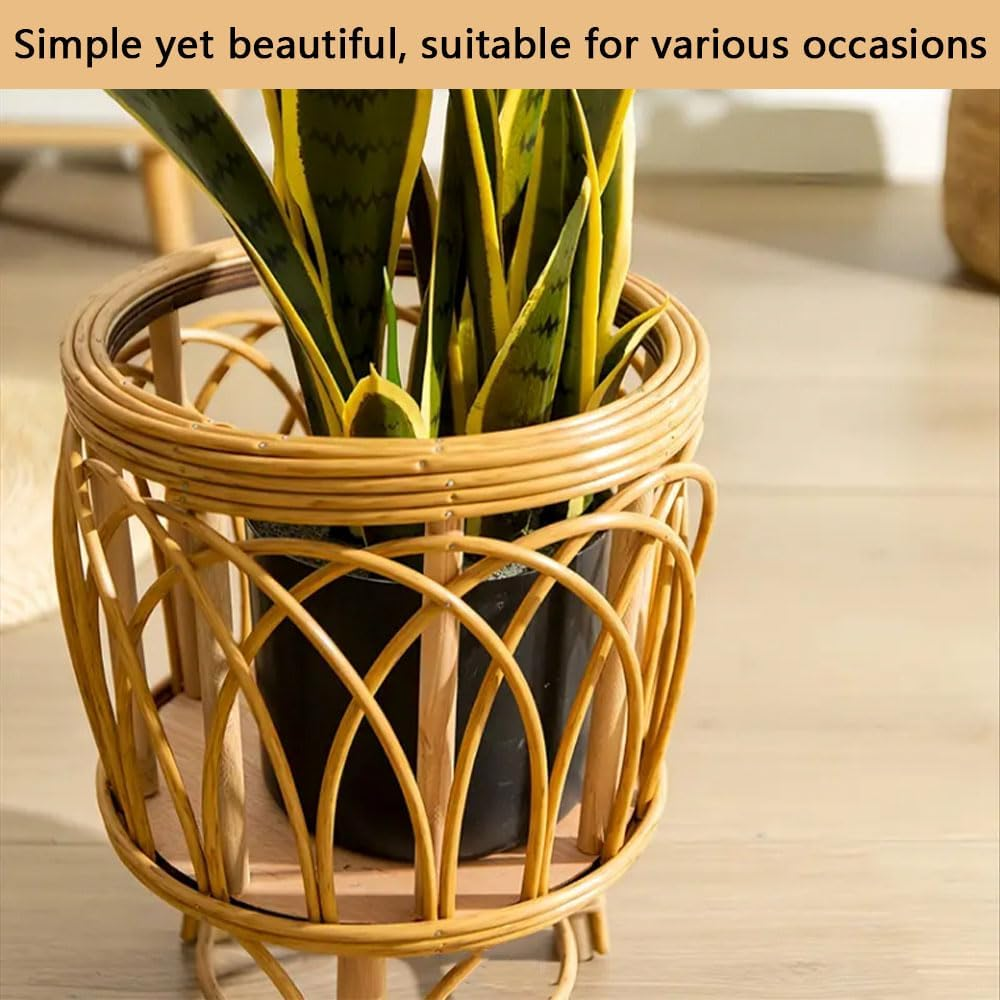 Handwoven Rattan Plant Stand, Boho Indoor Flower Pot Holder Basket, Wooden Floorstanding Planter Rack for Living Room, Balcony, Patio, Home Gardening & Decorative Displays image number 1