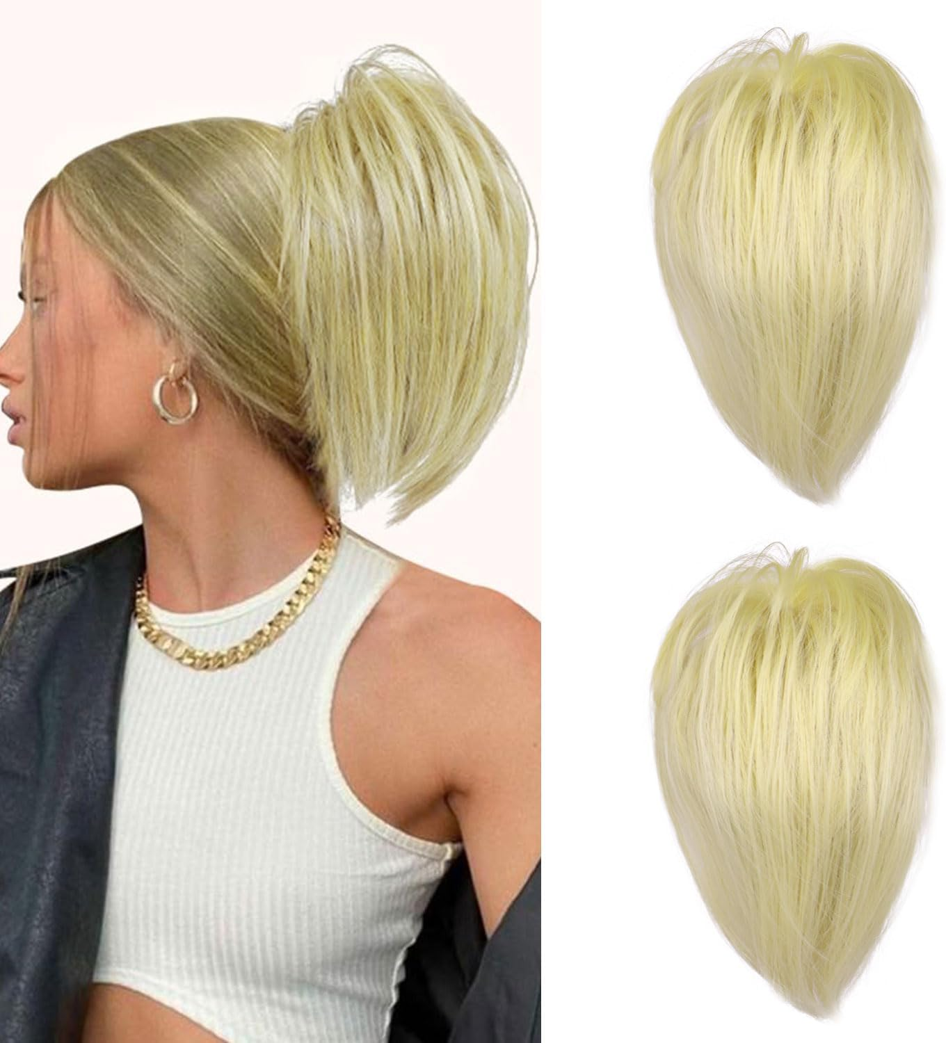 Fulang Hair Pack of 2 Ponytail with Clip Hairpiece with Elastic Band Large Bun Claws Clip Hairpiece Messy Bun Hairpieces Wavy Natural Synthetic Hair Scrunchie Women image number 2