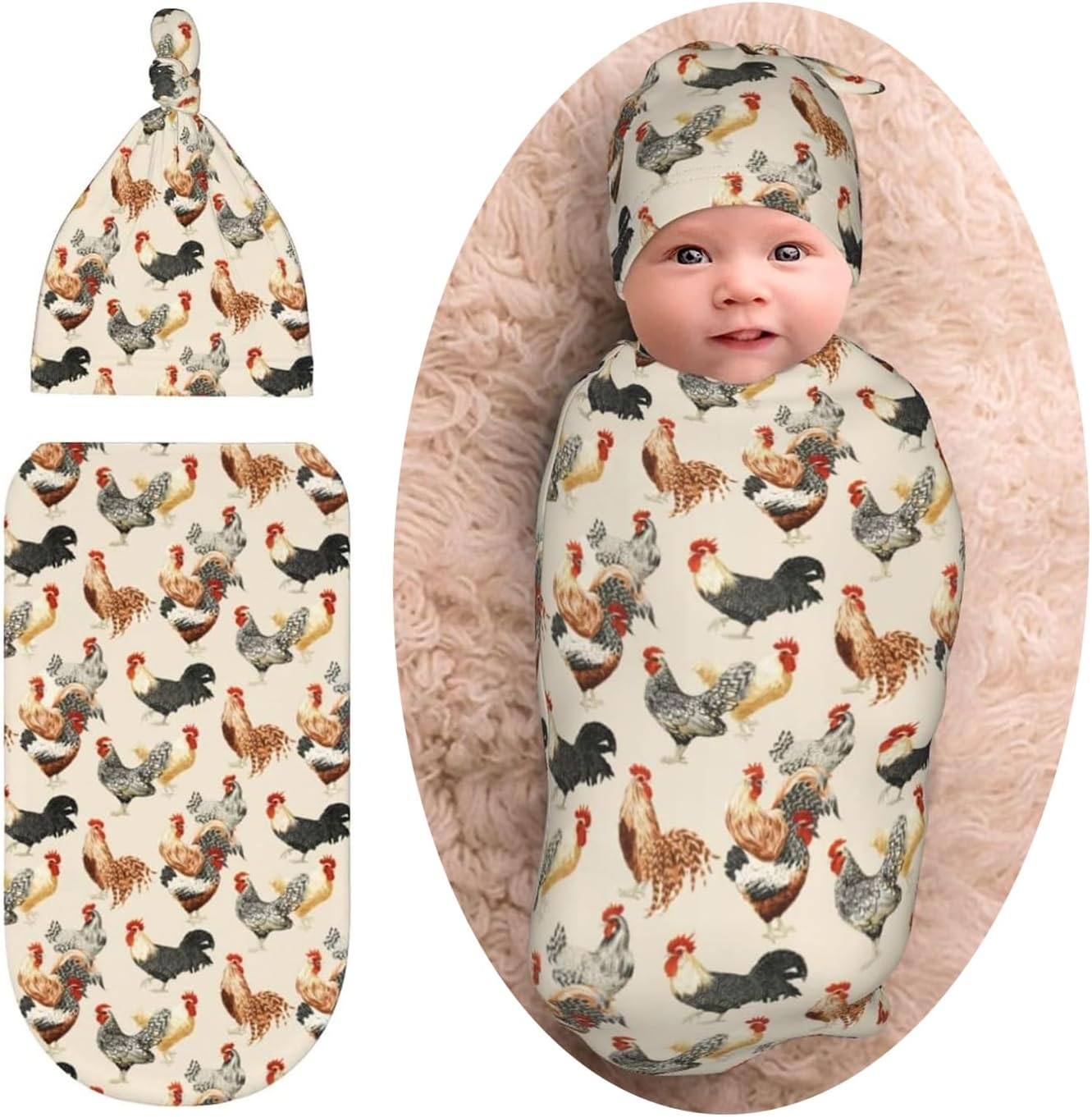 Black and White Checked Flag Baby Girl Boy Gifts Newborn Swaddle Blanket with Beanie Hat Set,Stretchy Receiving Blankets Newborn Essentials, for Girls Boys