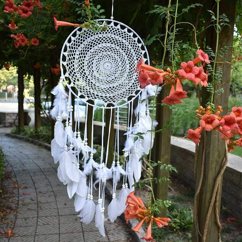 Easybravo Large Boho Dream Catcher with White Feather Macrame Wall Hanging for Vintage Wedding Home Decorations 13.7In Circle 45.3In Long - White image number 5