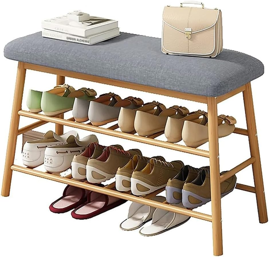 Bamboo Shoes Bench Seat Shoe Rack 2 Tier Storage Stool Rack with Hidden Storage Compartment for Entryway Hallway Bedroom Living Room Shoes Shop (70 * 27 * 44Cm)