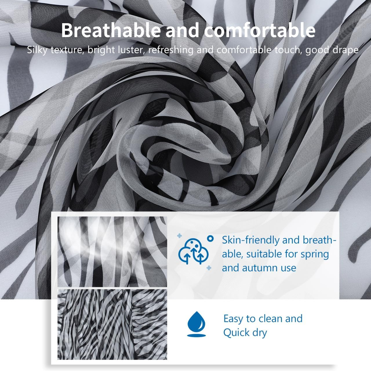 LIFKOME Zebra Pattern Chiffon Scarf Lightweight Decorative Zebra Print Beach Scarf Silky Texture for Comfortable Wear for Everyday Use and Outdoor Activities 190 * 130Cm