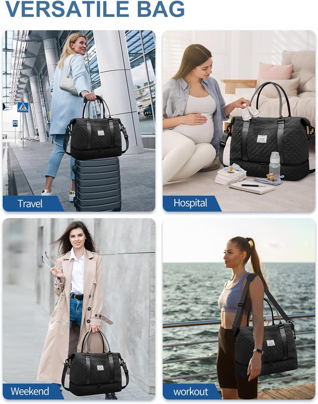 BAGAIL Travel Duffel Bag, Weekender Bags for Women, Overnight Gym Carry on Tote Bag with Wet Pocket, Hospital Mom Bag for Labor and Delivery - Extra Large, Grid-Black image number 1