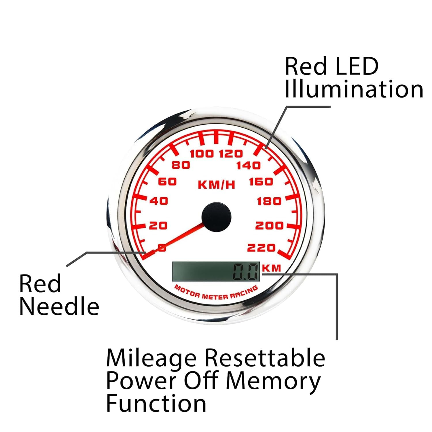 MOTOR METER RACING W PRO Series 6 Gauge Set - 85Mm GPS Speedometer 220 KMH & Tachometer 52Mm Volt, Fuel Level, Water Temperature & Oil Pressure White Dial Red LED - for Car Boat Marine Truck image number 4