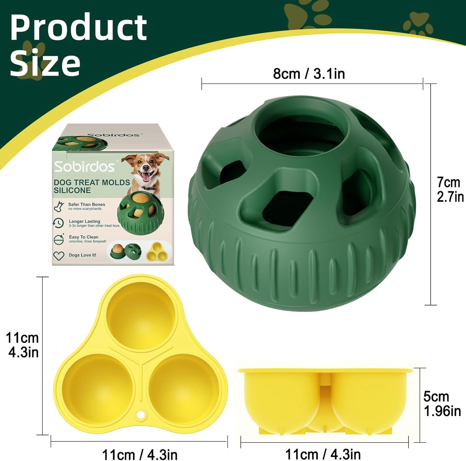 2Pcs Dog Chew Toys with Silicone Tray Mold,Frozen Dog Food Snack Balls,Dog Treat Molds Silicone,Freezable Fillable Rubber Dog Toys,Green Balls and Yellow Molds