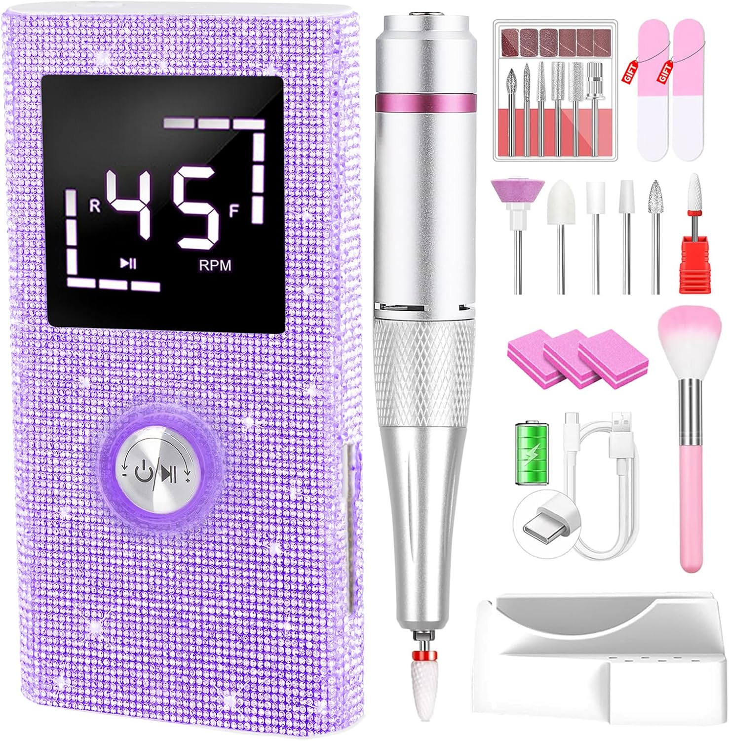 Cozyzen Cordless Electric Nail Drill, 45000 RPM Rechargeable Diamond E-File, Portable & Low Noise for Acrylic/Gel Nails, Manicure & Pedicure - Professional & Home Use