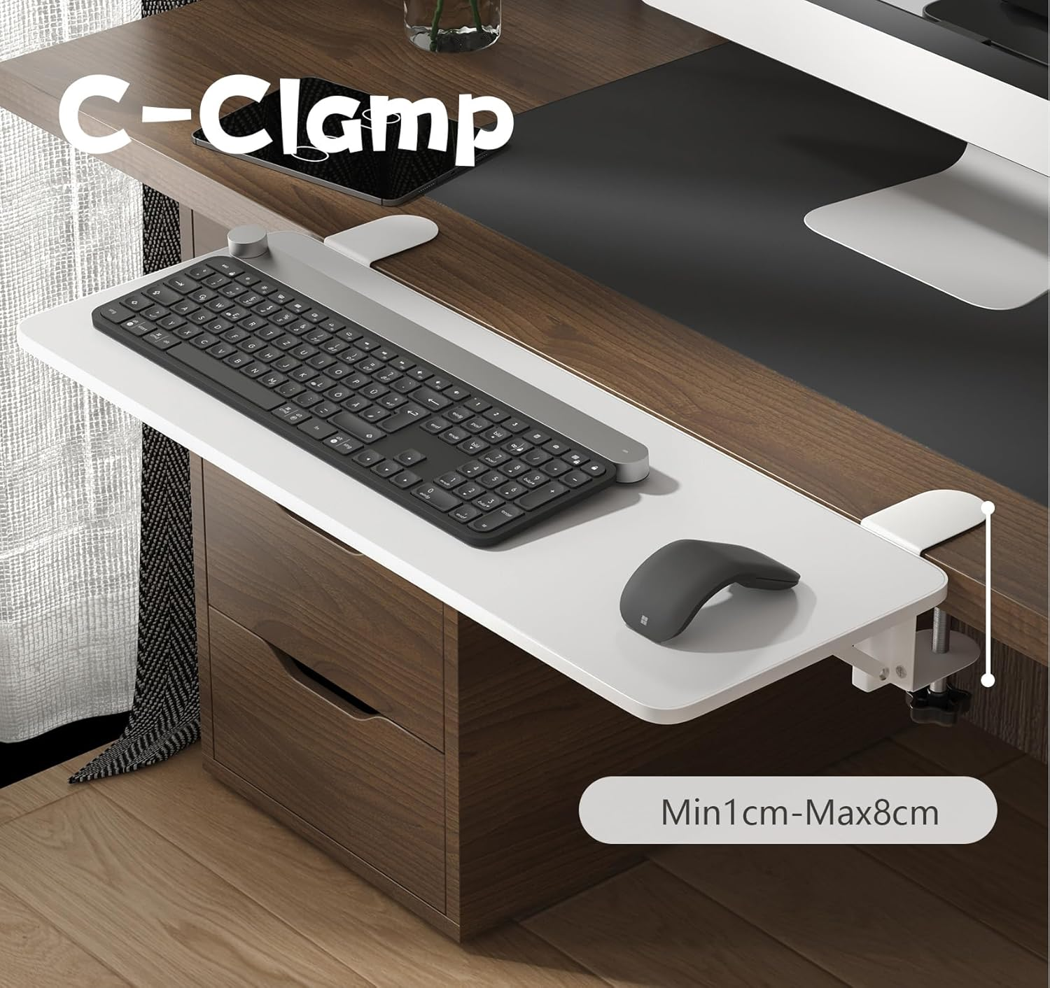 WYJREES Ergonomics Desk Extender Tray,30"X9.9" Table Mount Arm Rest Shelf,90&deg; Foldable Keyboard Tray Platform,Clamp on Computer Arm Rest for Desk,Desk Extension for Office Home Desks,White image number 1