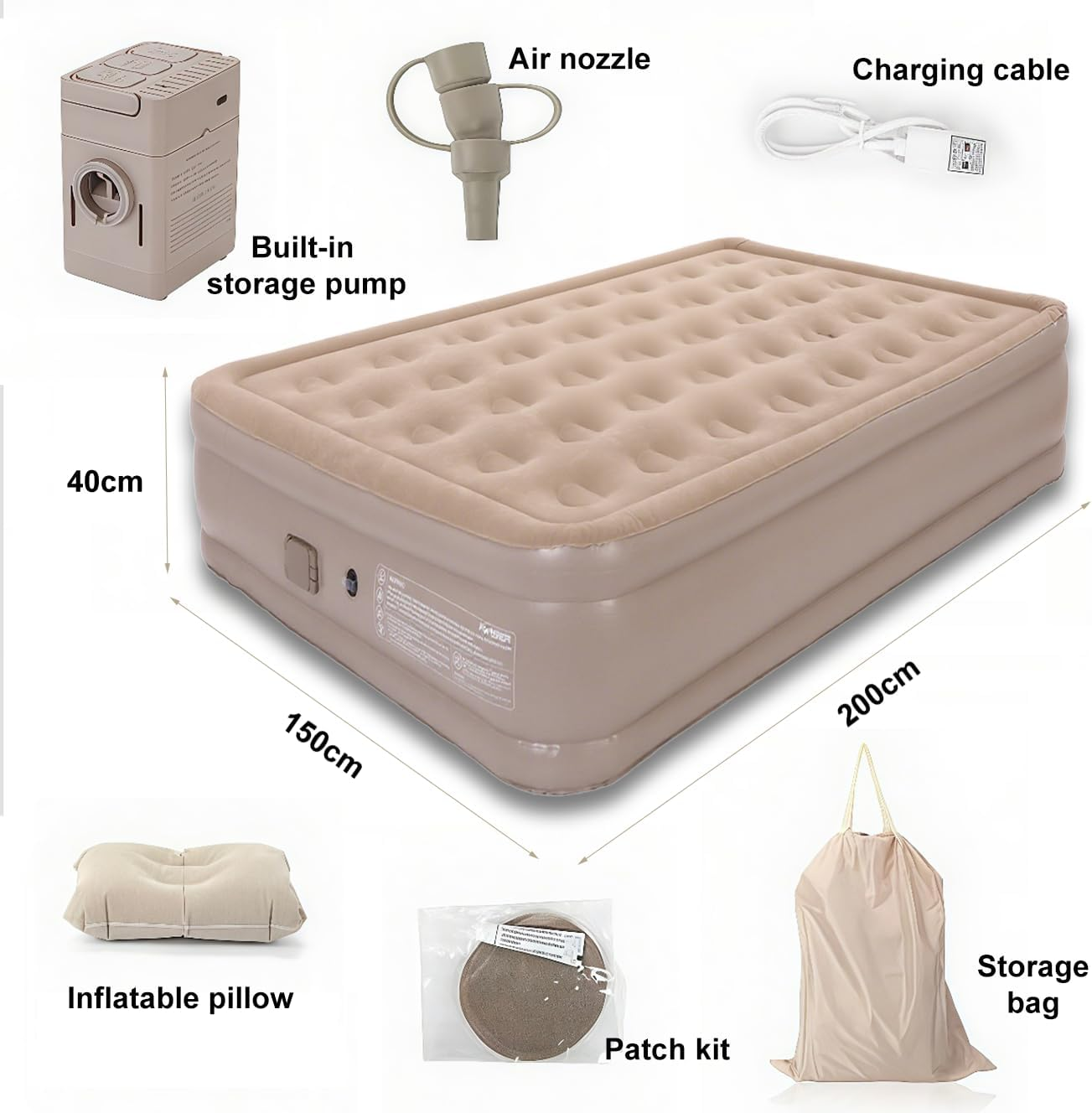 Queen Size Air Mattress with Built-In Rechargeable Pump, 3 Min Inflation, Waterproof Flocked Surface, 150X200X40Cm, 250KG Support &ndash; Portable Inflatable Bed for Home, Camping & Guests (Sandstone Beige) image number 1