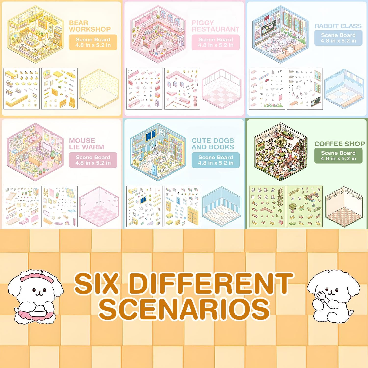 3D House Scene Stickers, 6 Sets Fun Stickers Scene Make Your Own Mini House Shop, Includes Cute Animal Shop Cartoon Stickers for Kids Girls Adults Pass the Time Relief Stress