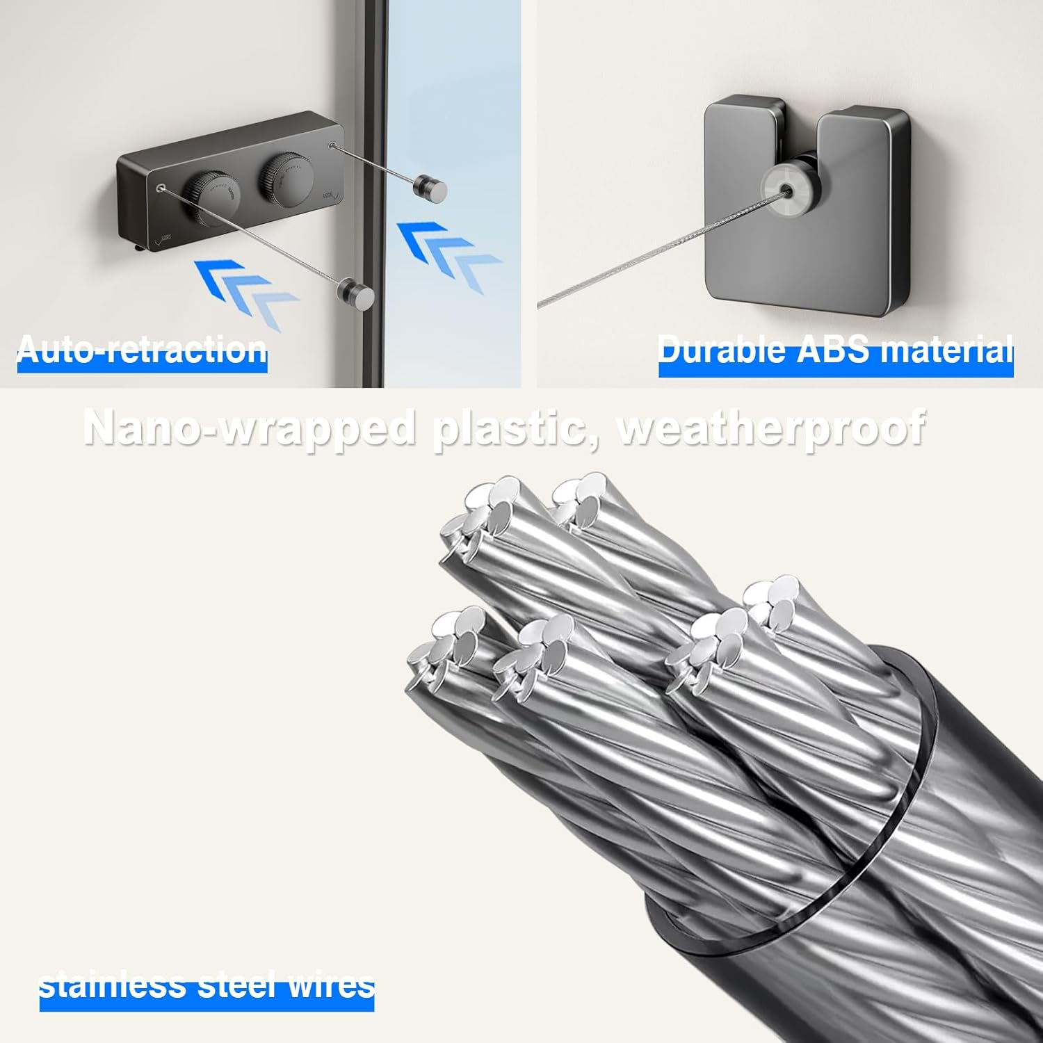 MUSTORN Clothesline Extendable Outdoor, Non-Saggy Double Rope, Retractable Washing Line Balcony Indoor Extendable for Drying Laundry Wall, Two Lines, Stainless Steel Rope, 4.2 M (Black)