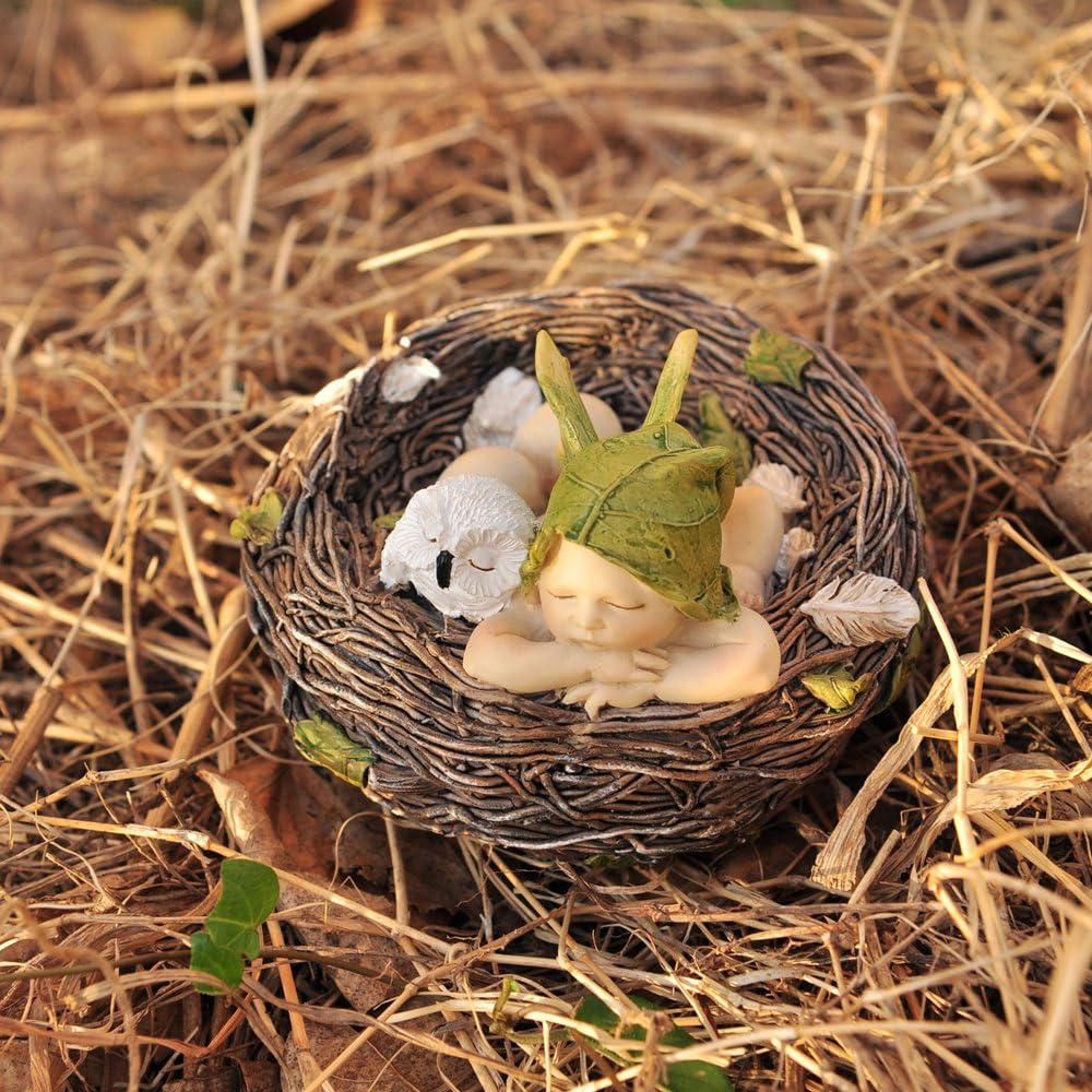 Top Collection 4202 Sleeping Fairy Baby with Owl in Nest Figurines, White, Brown, Cream, Green image number 3
