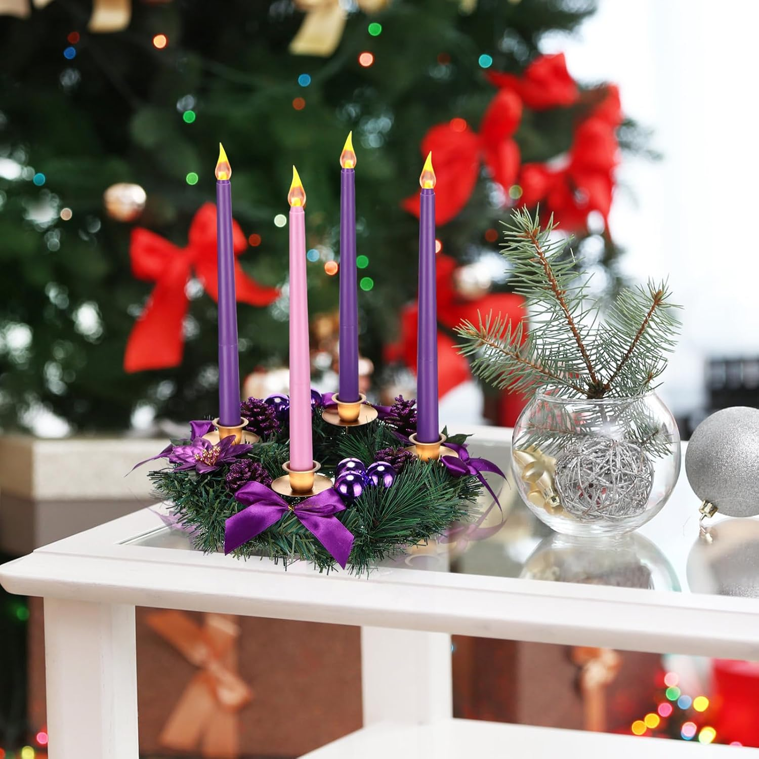 Fumete 2 Set Christmas Advent Wreath 11.8 Inch Purple Ribbon Poinsettia Ball Berry Advent Candle Holder with 8 Flameless Taper Candles for Table Centerpiece Decoration Holiday Party Home Church image number 3