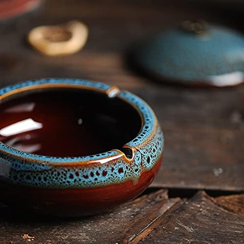 Ceramic Ashtray with Lids Windproof Cigarette Ashtray for Indoor or Outdoor Use Ash Holder for Smokers Desktop Smoking Ash Tray for Home Office Decoration (Blue-X)