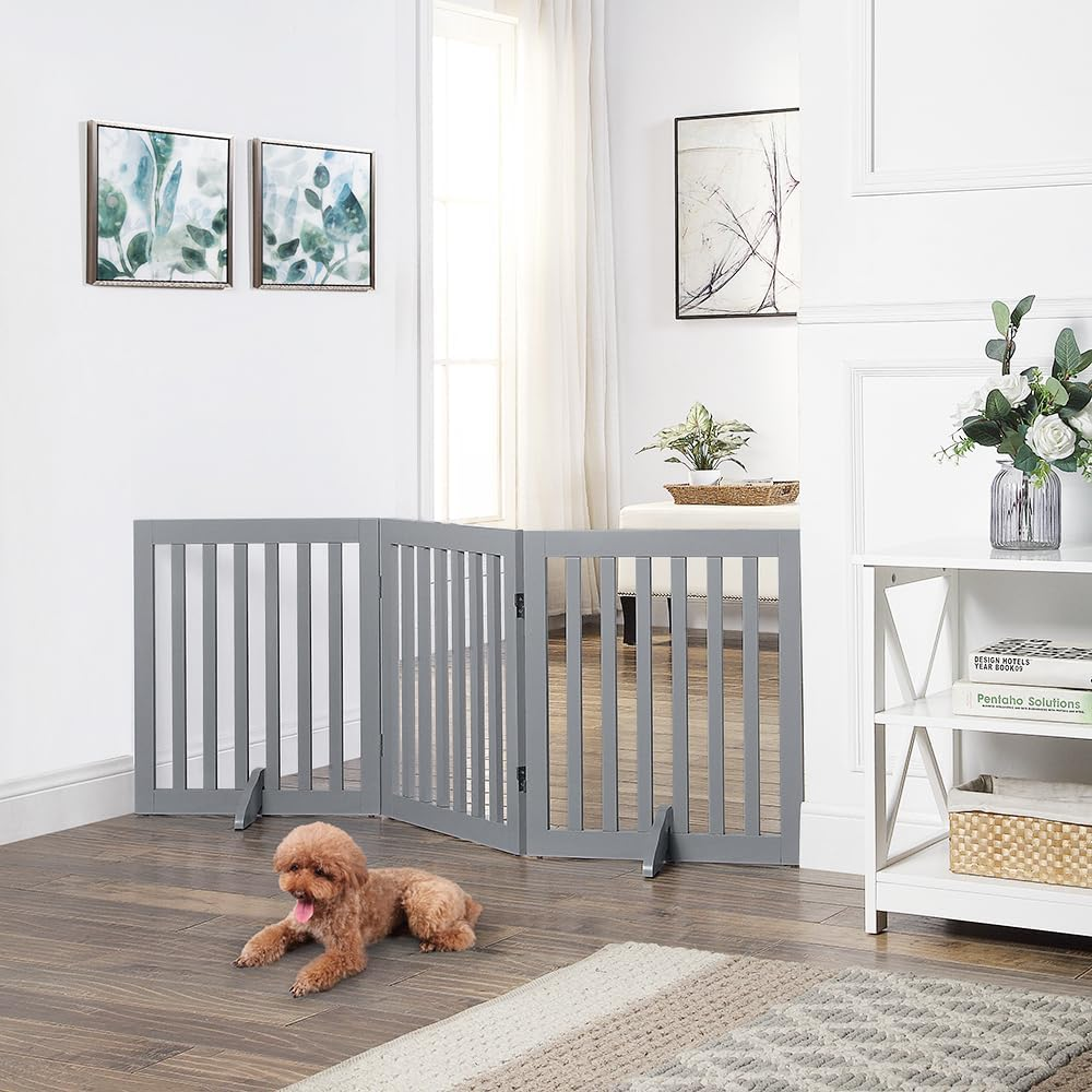 Unipaws Freestanding Wooden Dog Gate, Foldable Pet Gate with 2Pcs Support Feet Dog Barrier Indoor Pet Gate Panels for Stairs, Gray (51Cm Wx61Cm H) image number 2