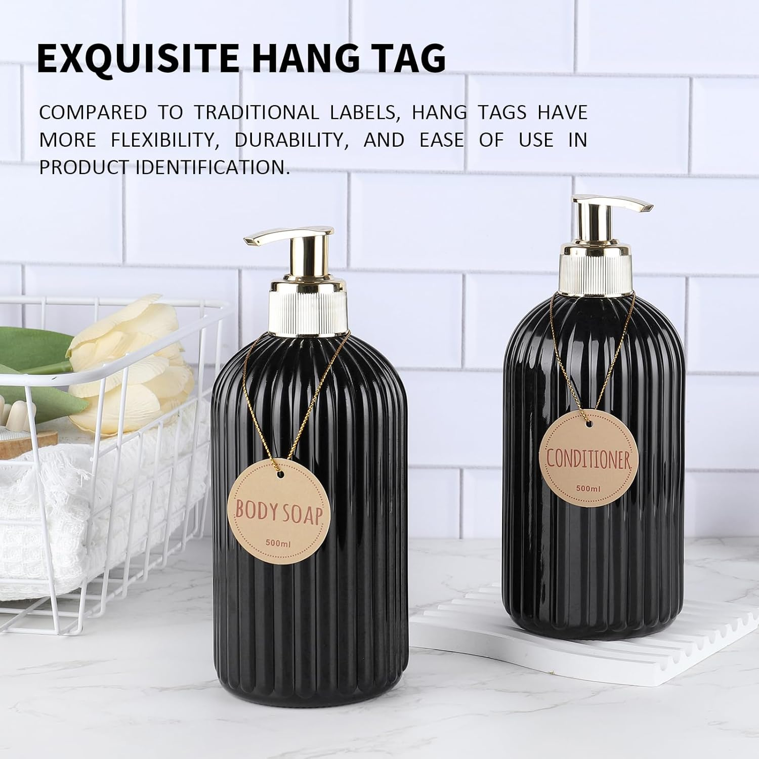 DEROANBOTT Bathroom Shampoo and Conditioner Dispenser, Reusable Plastic Bottles for Shampoo and Shower Gel, with Waterproof Labels, Soap Dispenser with Pump (Black) - Transparent image number 2
