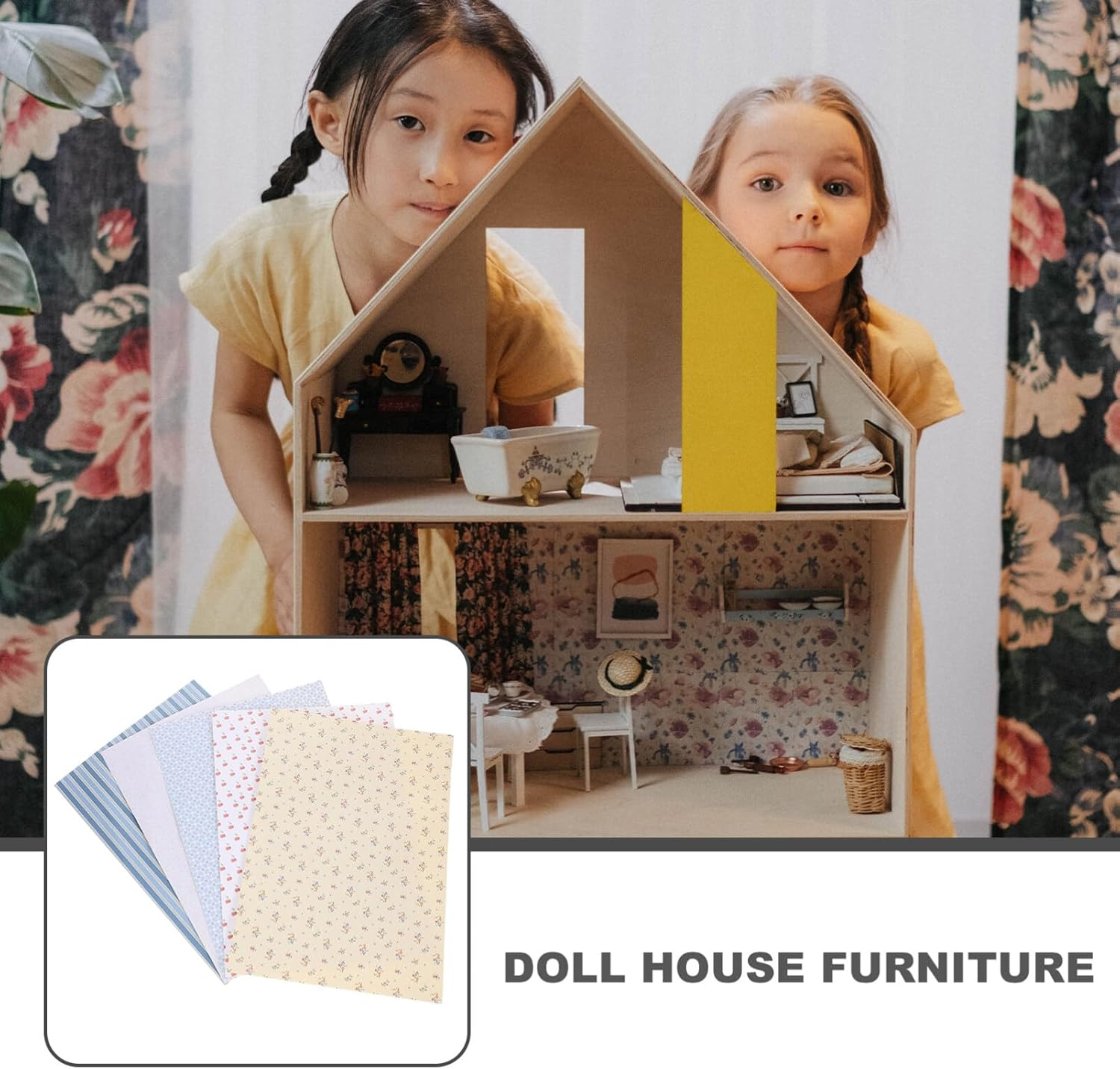 Abaodam 5 Sheets Dollhouse Wallpapers Miniature Wallpaper: Dollhouse Floorboards Flower Cherry Striped Doll House Carpet Peel and Stick Vinyl Film Floor Tile Sticker for Doll House Accessories image number 5