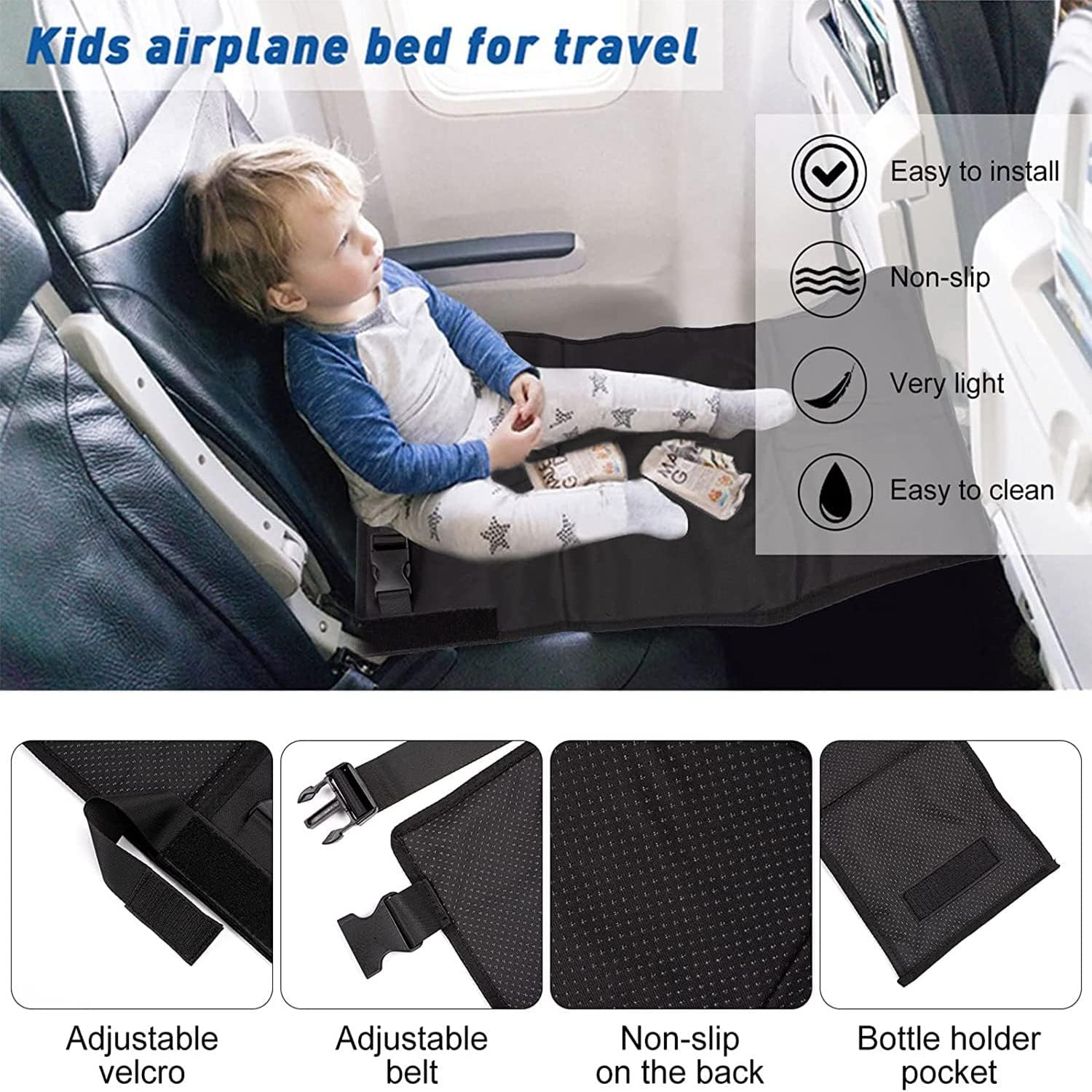 Portable Toddler Travel Bed - Airplane Seat Extender & Kids Flying Essentials, Comfortable In-Flight Hammock for Babies and Toddlers on Flights (Black) image number 3