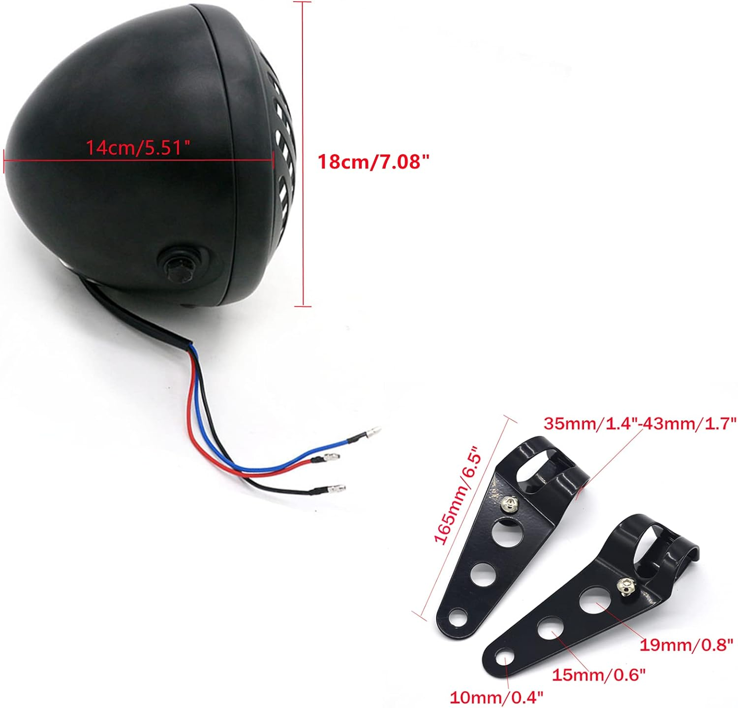 7" round Motorcycle Headlight with Custom Grille Cover and Bracket Assembly, Black Retro Universal Motorbike Front Headlamp for Softail Street Glide Chopper Cruiser CG125 image number 2