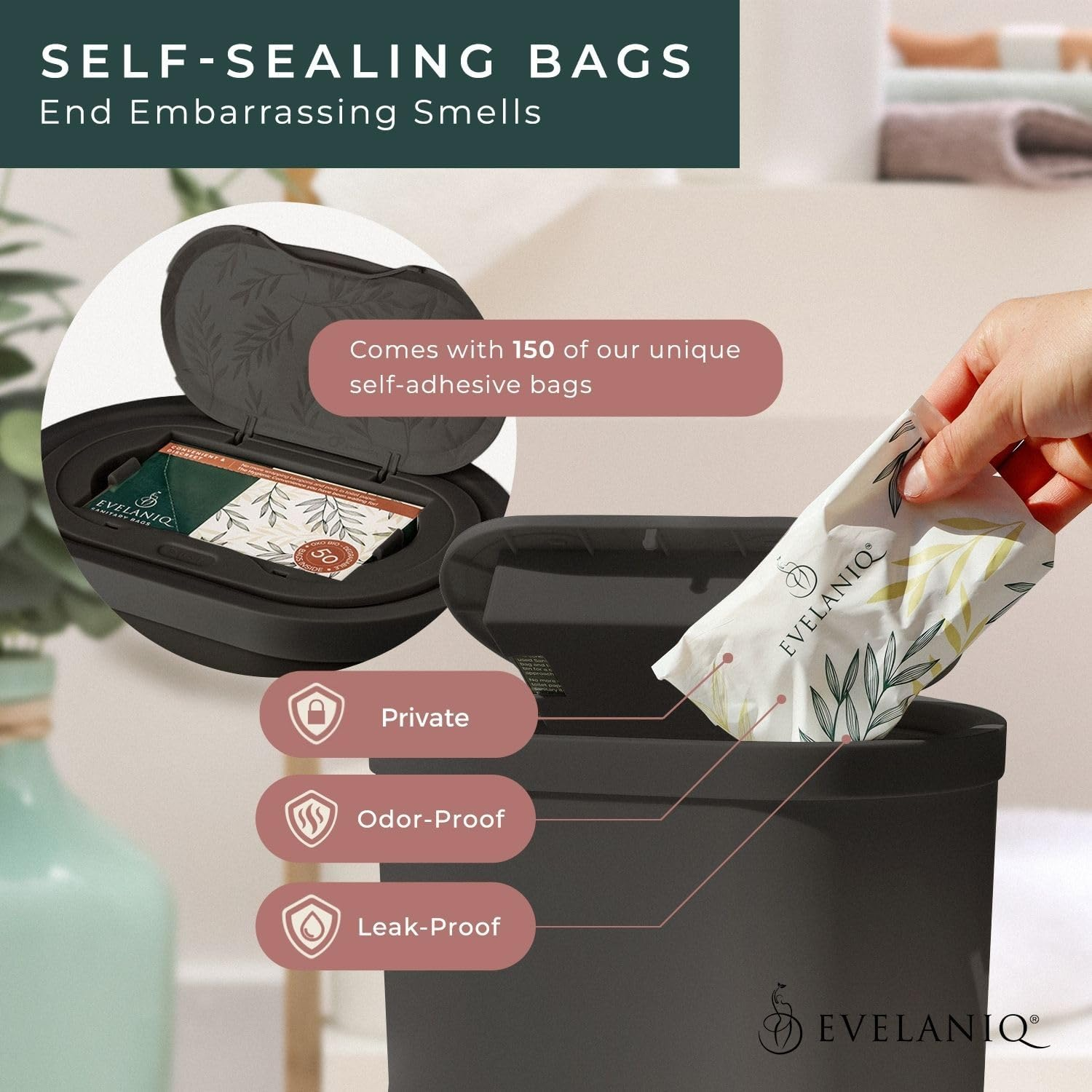 Women'S Sanitary Napkin Receptacle (Bin + 150 Hygiene Bags) Feminine Pad & Tampon Restroom Disposal Receptacle Mini Trash Can Starter Pack, Dark Grey for Home & Business Bathrooms. image number 2