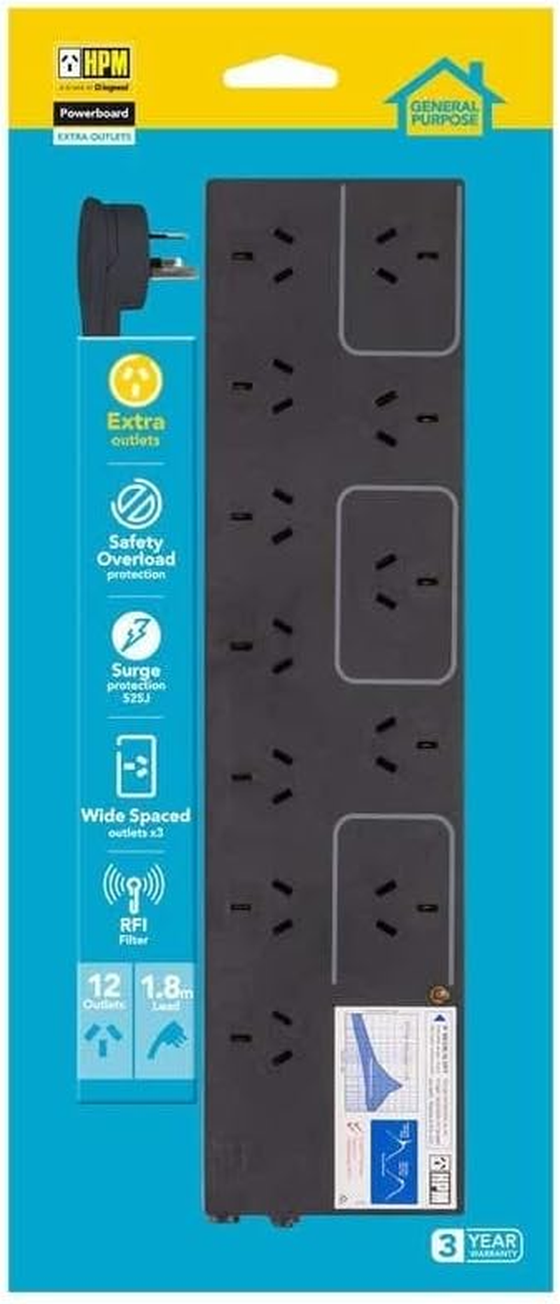 HPM TVAV 10A 12 Outlet Powerboard, Black image number 1