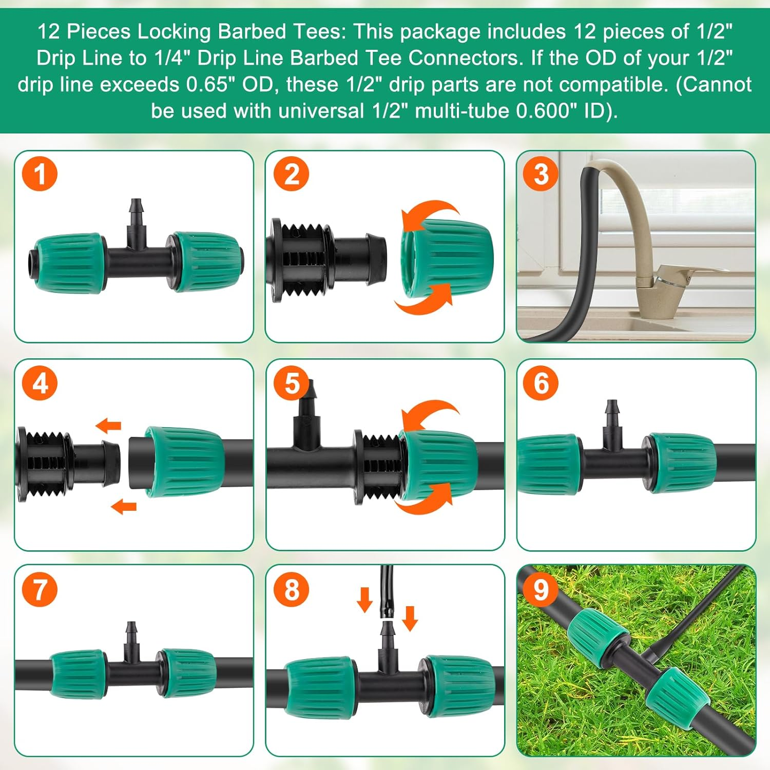 12Pcs 1/2 to 1/4 Drip Irrigation Fittings, Black and Green 1/2 to 1/4 Drip Irrigation Adapter Premium Polypropylene Drip Irrigation Parts 3 Way for Greenhouse Courtyard Lawn image number 3