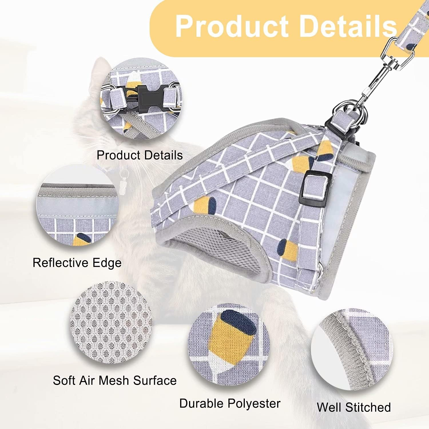 Iziv Cat Harness Leash Set for Walking Escape Proof Soft Mesh Harness Adjustable Kitten Harness with Reflective Strips Step-In Comfortable Outdoor Vest Harness image number 1