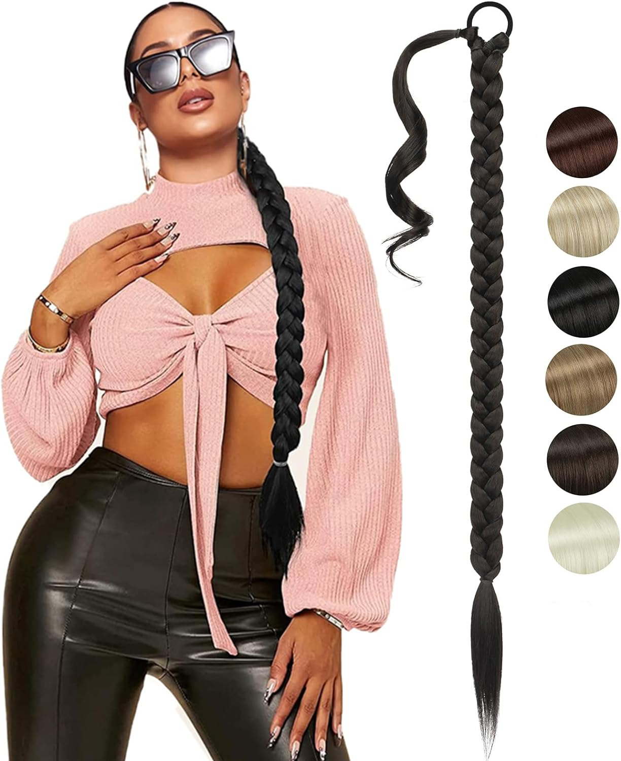 32 Inch Long Braided Ponytail Extension with Hair Tie Straight Wrap around Hair Extensions Ponytail Natural Soft Synthetic Hair Piece for Women Girls Daily Wear (80Cm, Black)