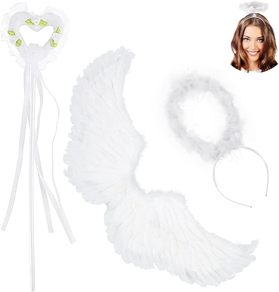 White Angel Wings Decoration with Halo and Wand - Feather Wings, Women'S Costume for Party Fancy Dress image number 2