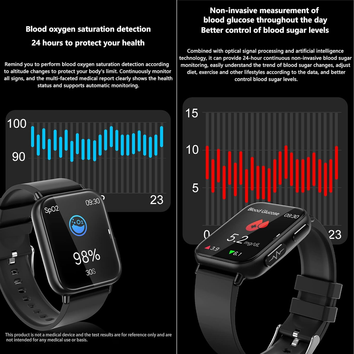 Blood Glucose Sugar Smart Watch, Fitness Trackers for Women Men, ECG Heart Rate Blood Oxygen Pressure and Activity Tracker Sleep Monitor, 9 Sports Modes Ip68 Waterproof Smartwatch,Black image number 3