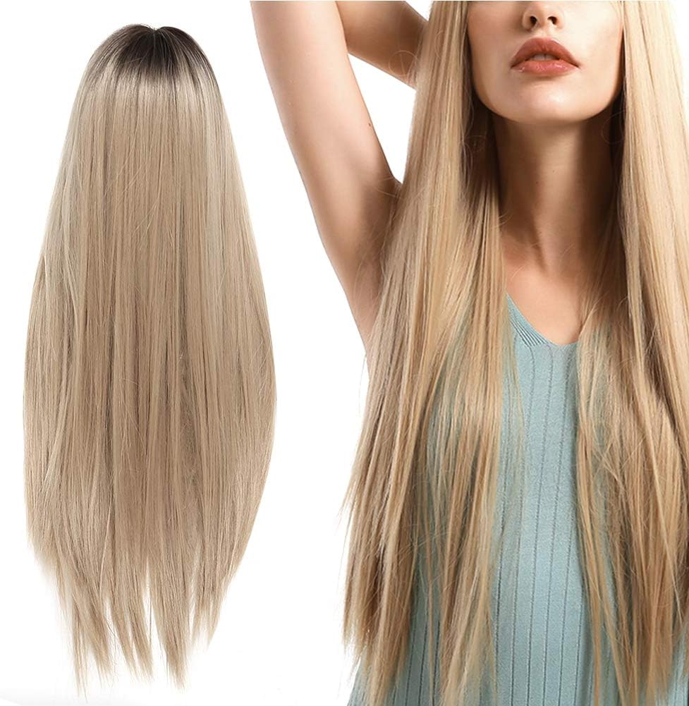 Synthetic Hair, Blonde Layered Synthetic Hair Wigs, Front Lace Wig, Long Straight Blonde Hair, Synthetic, Heat Resistant Fibre Hair for Women, 70 Cm, Lc288 image number 6