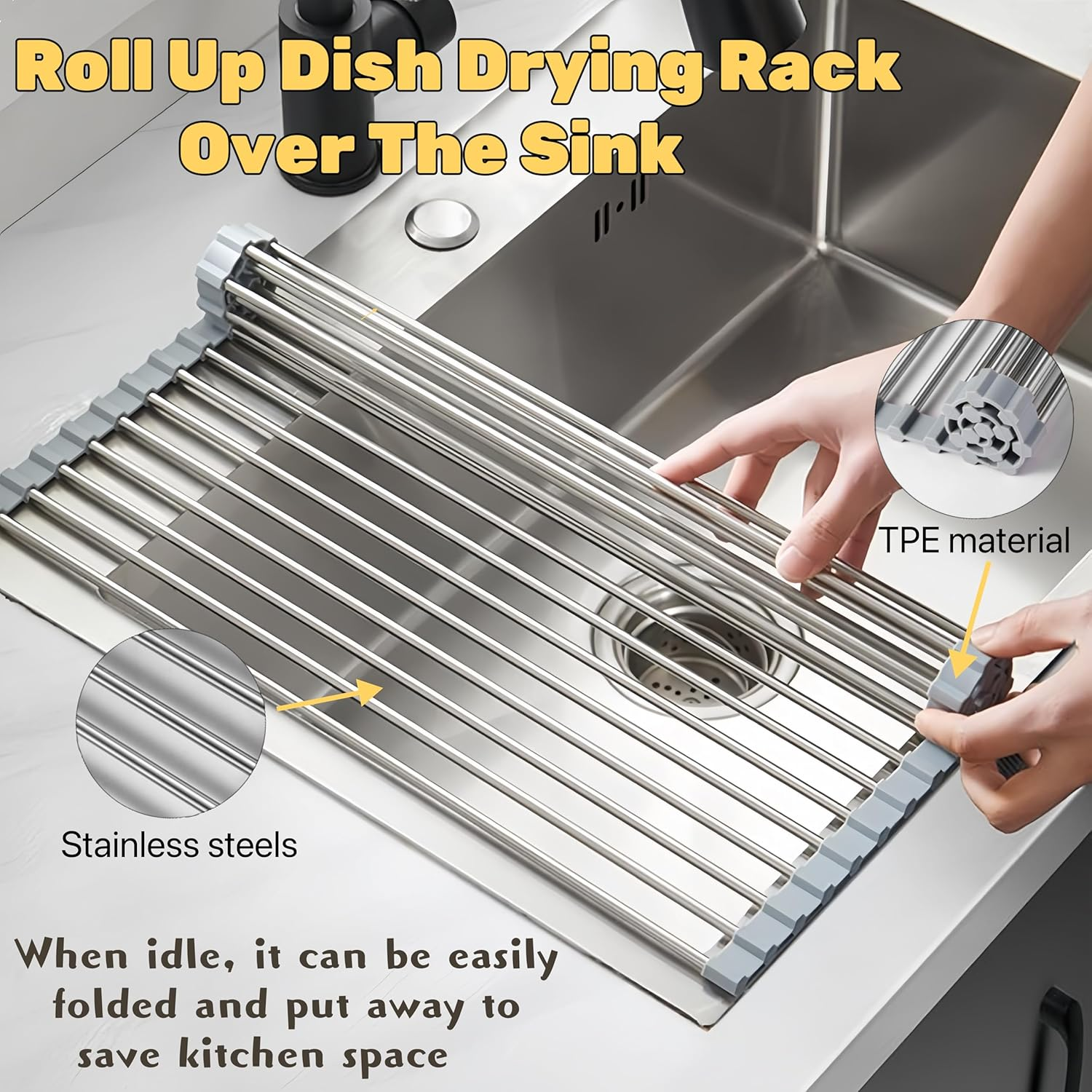Extra Large Expandable Roll up Dish Drying Rack, Drying Rack Kitchen, over the Sink Dish Drainer Drying Rack, Kitchen Sink Accessories Stainless Steel, Grey (17.7 * 11.8") image number 1