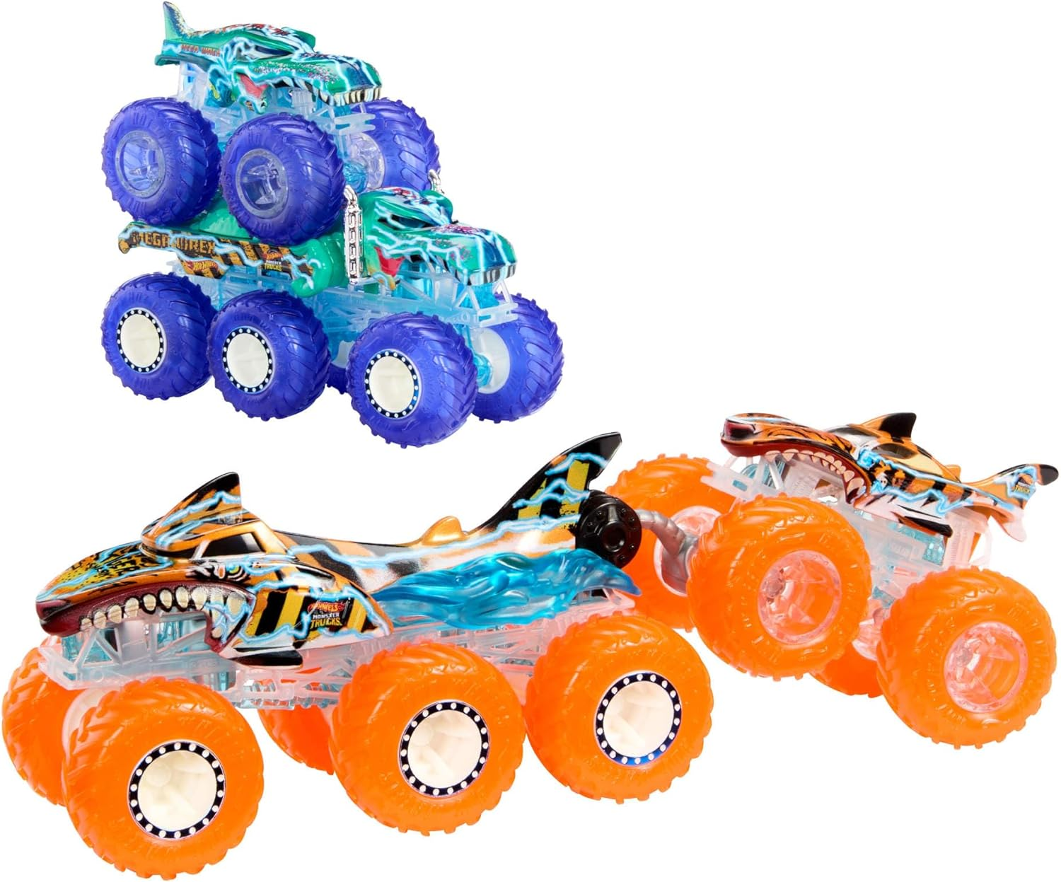 Hot Wheels Monster Trucks Toy Truck & Big Rig Multipack, Mega Wrex & Tiger Shark in 1:64 Scale with Big Rigs in Matching Power Smashers Decoration, HYJ29 image number 2